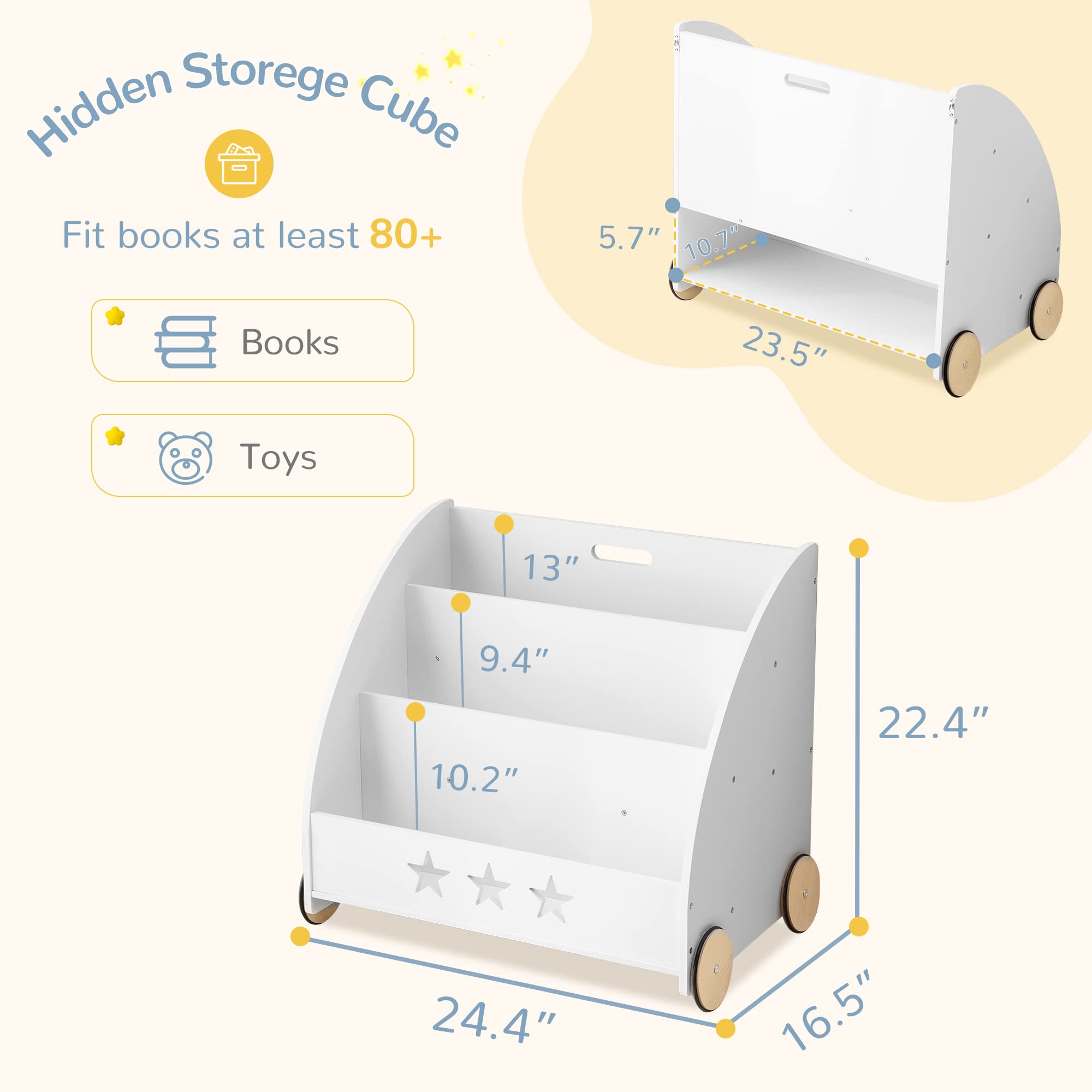 Curipeer Kids Bookshelf and Storage, Nursery Wooden Book Shelf for Kids with Wheels, 3-Tier Baby Bookshelf Display Organizer Gift, Children Bookcase in Playroom, Nursery, Bedroom, White