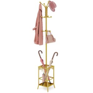 hoctieon coat rack freestanding, coat hanger stand,umbrella holder, hall tree with 12 hooks, standing coat rack,floor standing metal umbrella tree stand, gold