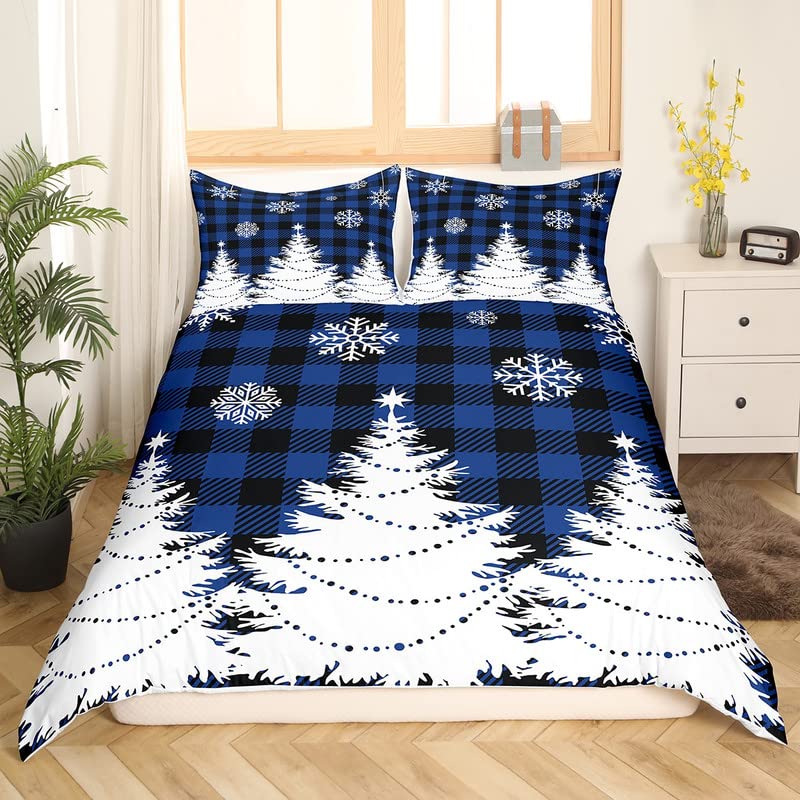 Christmas Kids Bedding Set White Christmas Tree Bedding Duvet Cover Set for Boys Girls Decor Snowflake Comforter Cover Set Blue Black Buffalo Check Bedspread Cover Bedroom Quilt Cover 3Pcs Full Size