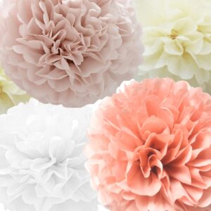 Tissue Paper Pompoms Paper Flower 22 Pcs Coral, Dusty Pink, Ivory, White Paper Flower Ball for Birthday Bachelorette Wedding Baby Shower Bridal Shower Party Decoration