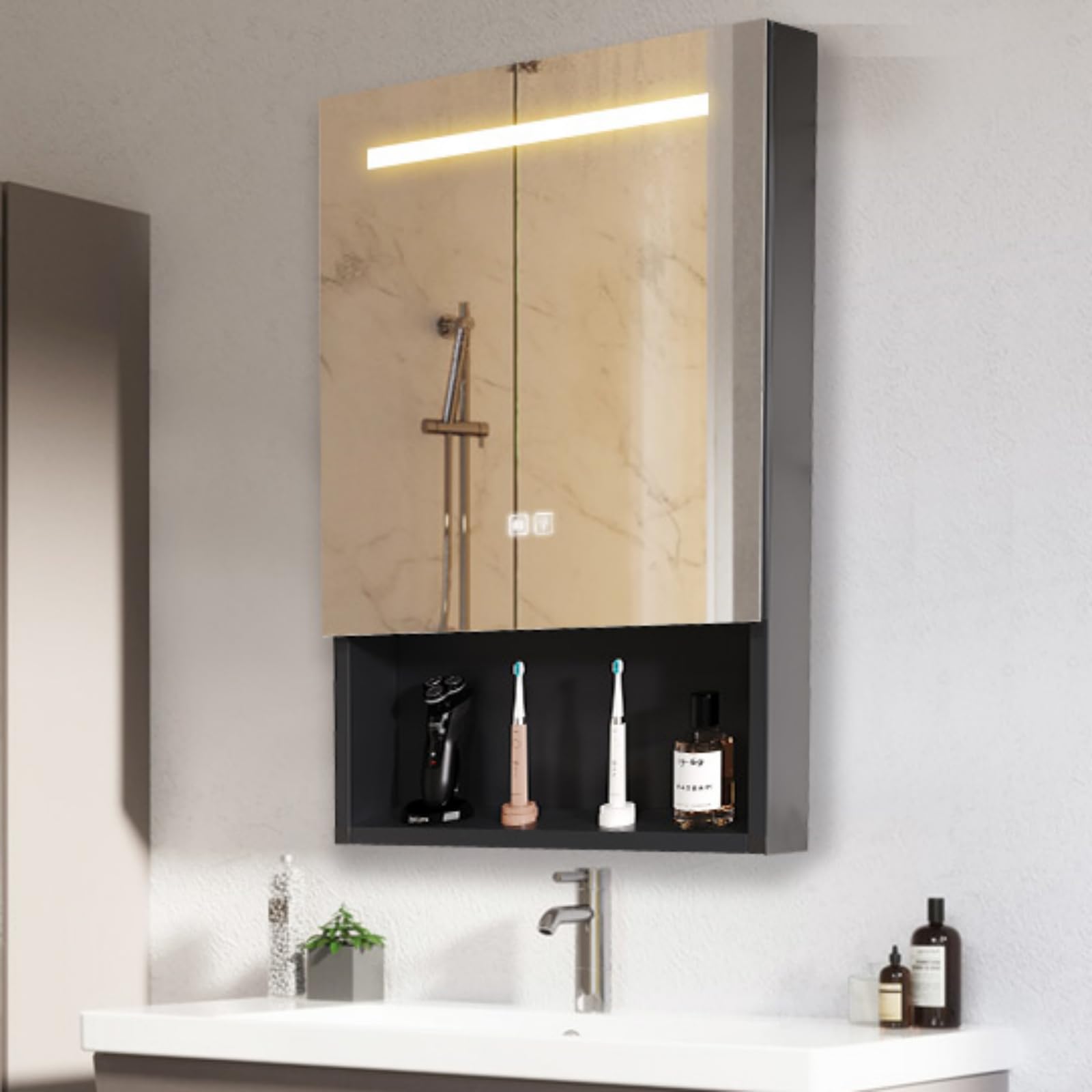 Medicine Cabinet with Lights,LED Medicine Cabinet Black for Bathroom with Defogger,Dimmer, Lighted Mirror Cabinet for Bathroom with Open Shelf, Wall Mount