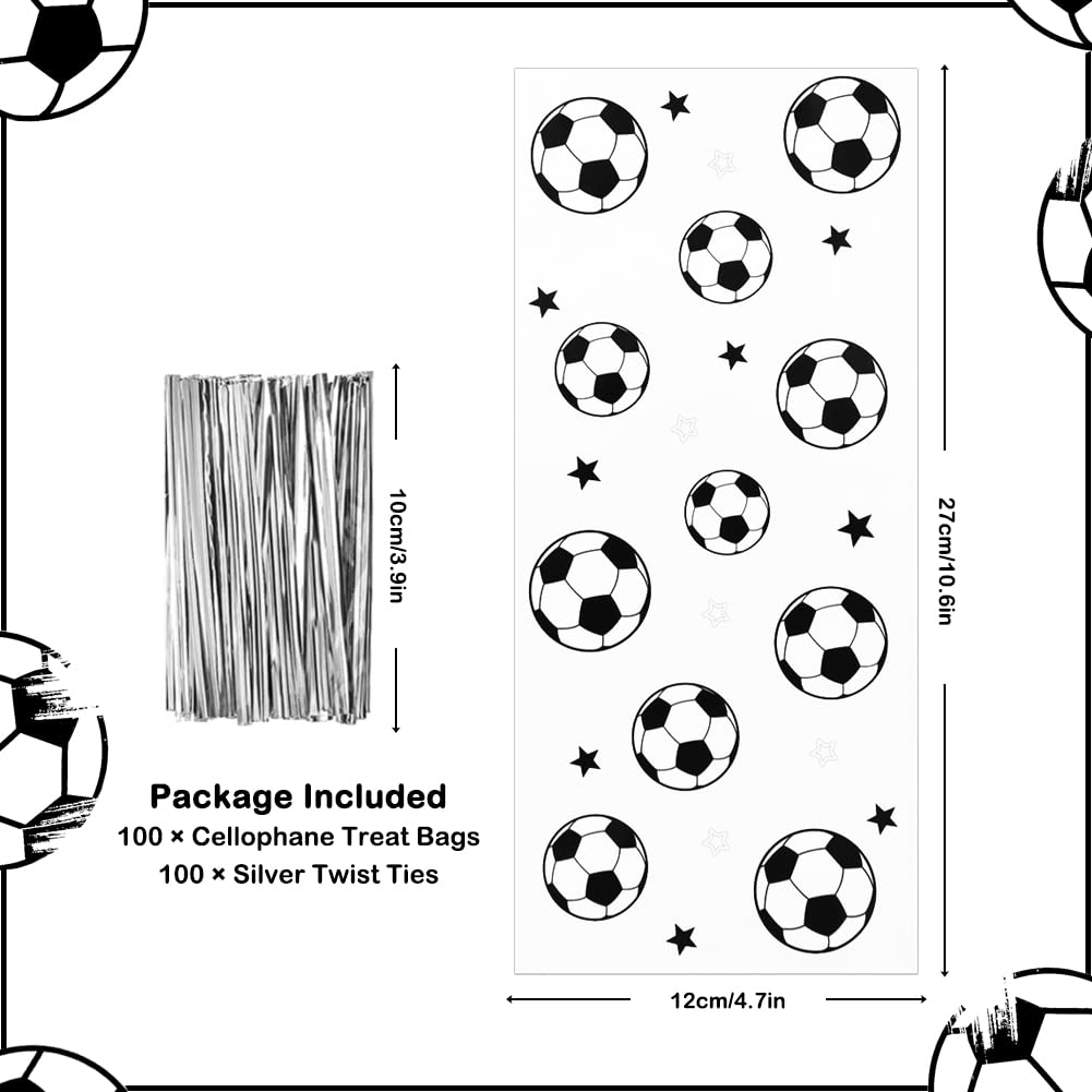 100 Pieces Soccer Goodie Bags, Football Treat Bags Party Favors Clear Candy Cello Bags with Sliver Twist Ties, Football Birthday Party Supplies for Boys Kids Team Gift Snack Bags