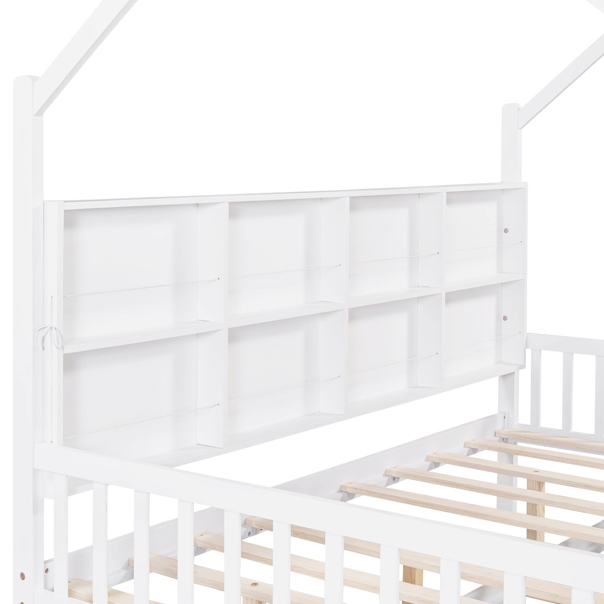 Full House Bed with Trundle, Kids Full Platform Bed Frame with Storage Shelves and Roof, Montessori Bed, Tent Bed, Wood Playhouse Bed Full for Kids Teens Girls & Boys (Full, White)