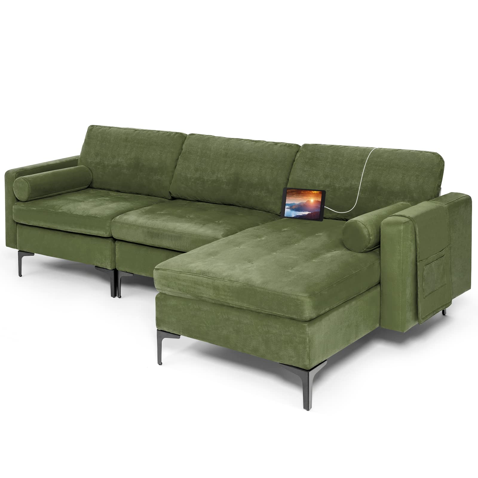 Giantex 97" Large Couch, 3 Seat Sectional Sofa Set, L-Shaped Modular Sleeper with Convertible Chaise Lounge, USB Ports, 3-Hole Socket, Storage Box, 2 Bolsters, Family Apartment Living Room, Green