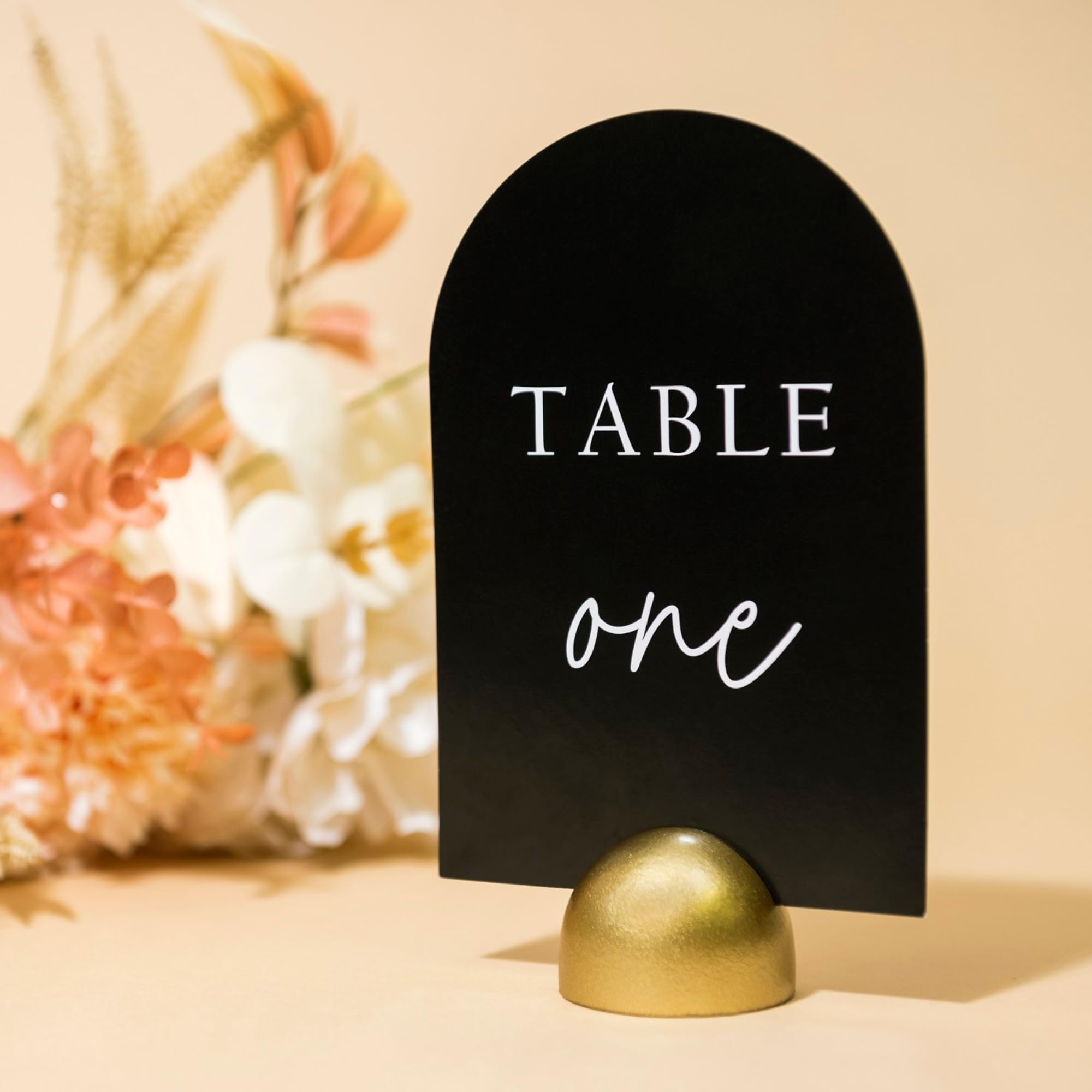 Hanna Roberts Modern Cursive Table Number Black Card Stock Half Circle Signs with Round Stand for Wedding Reception, Restaurant, Event Party, 4" x 6" (Gold, Set of 10, Numbers 1-10)