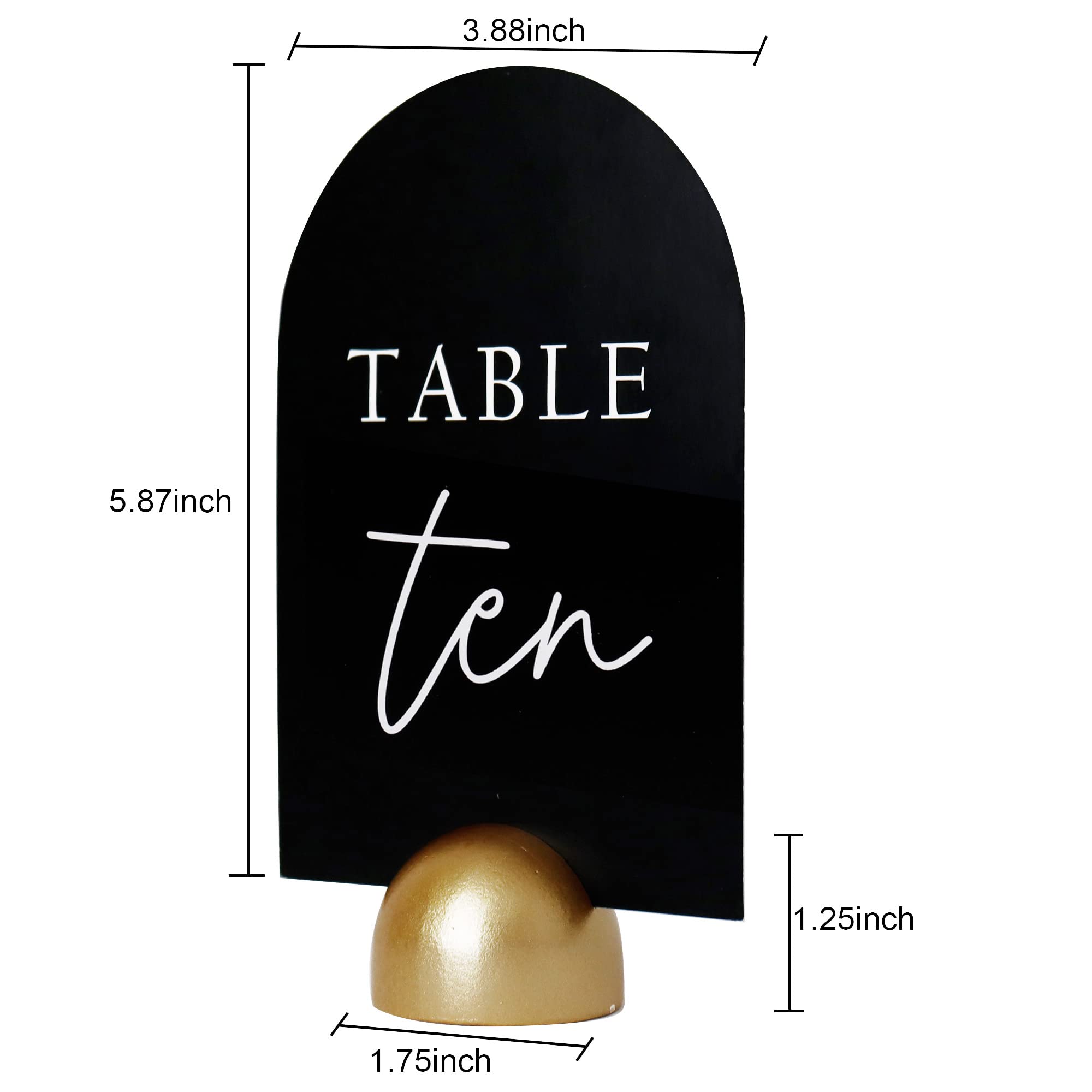 Hanna Roberts Modern Cursive Table Number Black Card Stock Half Circle Signs with Round Stand for Wedding Reception, Restaurant, Event Party, 4" x 6" (Gold, Set of 10, Numbers 1-10)