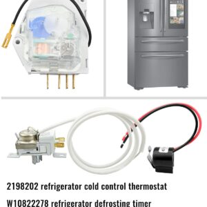 2198202 Cold Control Thermostat W10822278 Defrost Timer W10225581 Bimetal Thermostat Refrigerator Defrost Complete Kit Fit for Whirlpool Kenmore Refrigerators