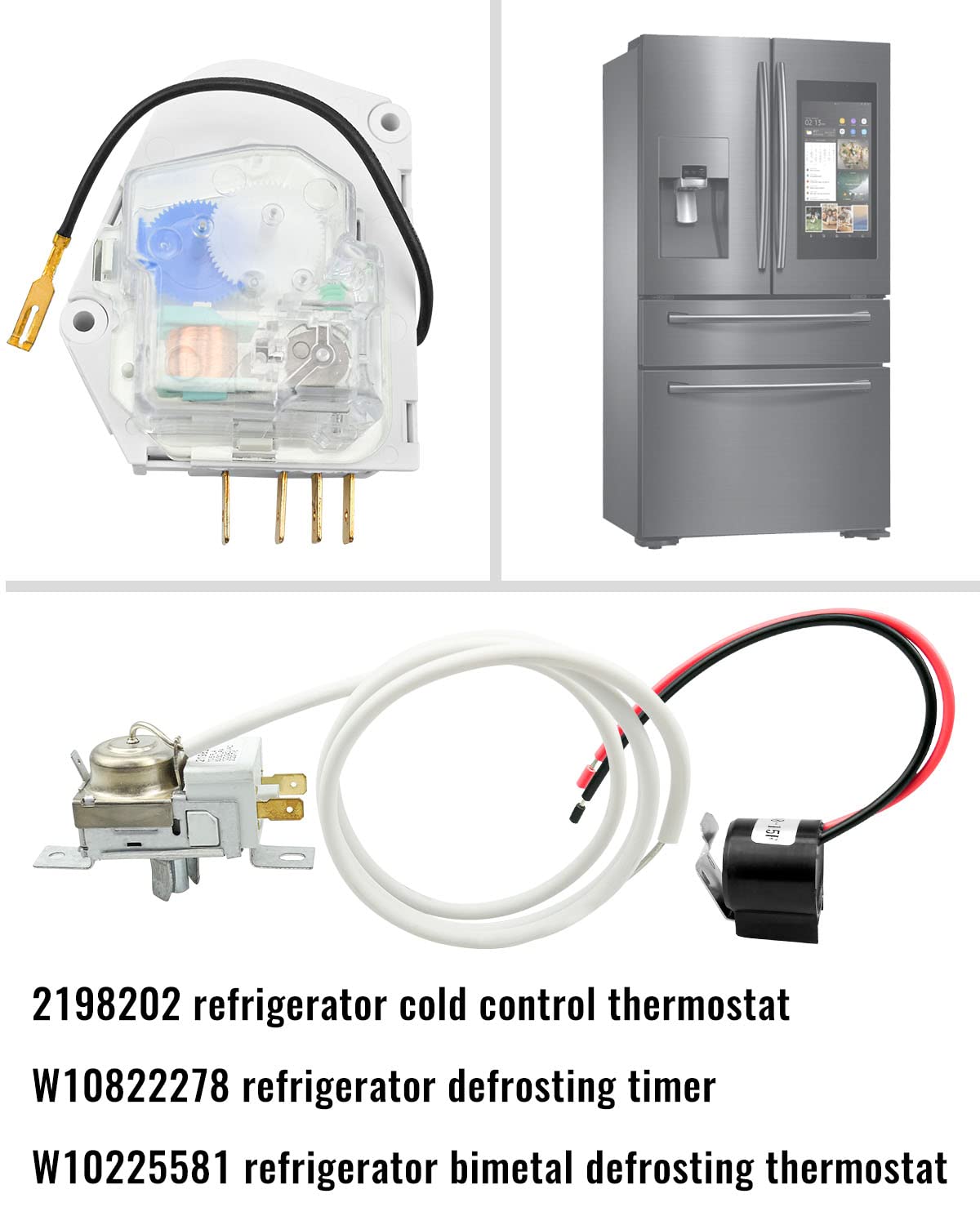 2198202 Cold Control Thermostat W10822278 Defrost Timer W10225581 Bimetal Thermostat Refrigerator Defrost Complete Kit Fit for Whirlpool Kenmore Refrigerators