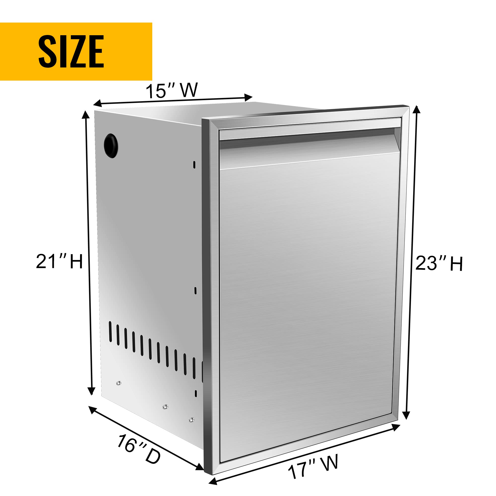 KODOM Built-in Single Trash Drawer 17" W x 23" H x 16" D, Pull-Out Tray Outdoor Kitchen Stainless Steel Trash Drawer with Handle Storage Trash Bins or Propane Tank for BBQ Island Grill Station