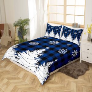 Christmas Kids Bedding Set White Christmas Tree Bedding Duvet Cover Set for Boys Girls Decor Snowflake Comforter Cover Set Blue Black Buffalo Check Bedspread Cover Bedroom Quilt Cover 3Pcs Full Size