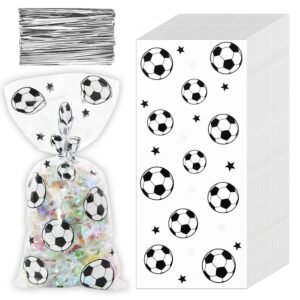 100 Pieces Soccer Goodie Bags, Football Treat Bags Party Favors Clear Candy Cello Bags with Sliver Twist Ties, Football Birthday Party Supplies for Boys Kids Team Gift Snack Bags