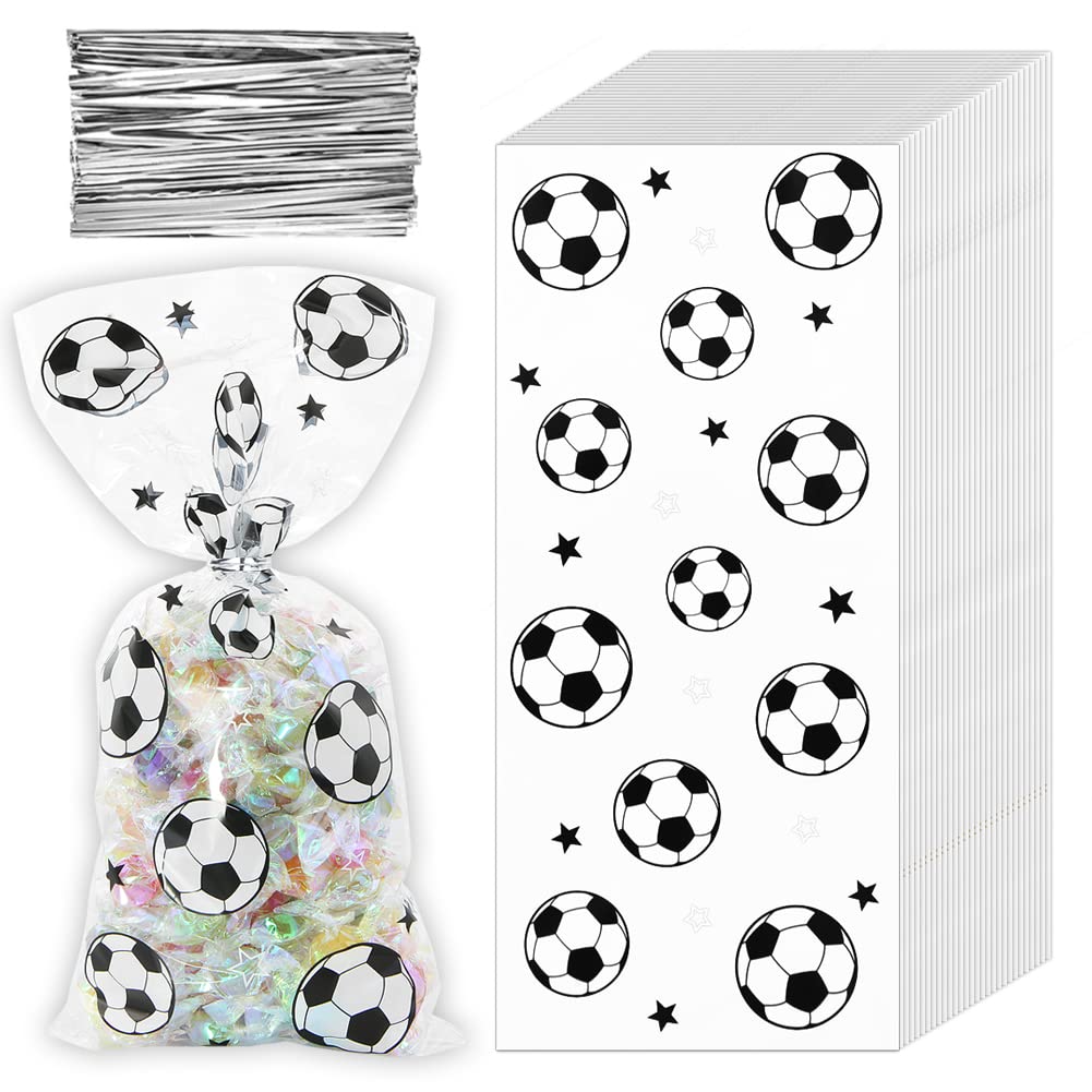 100 Pieces Soccer Goodie Bags, Football Treat Bags Party Favors Clear Candy Cello Bags with Sliver Twist Ties, Football Birthday Party Supplies for Boys Kids Team Gift Snack Bags