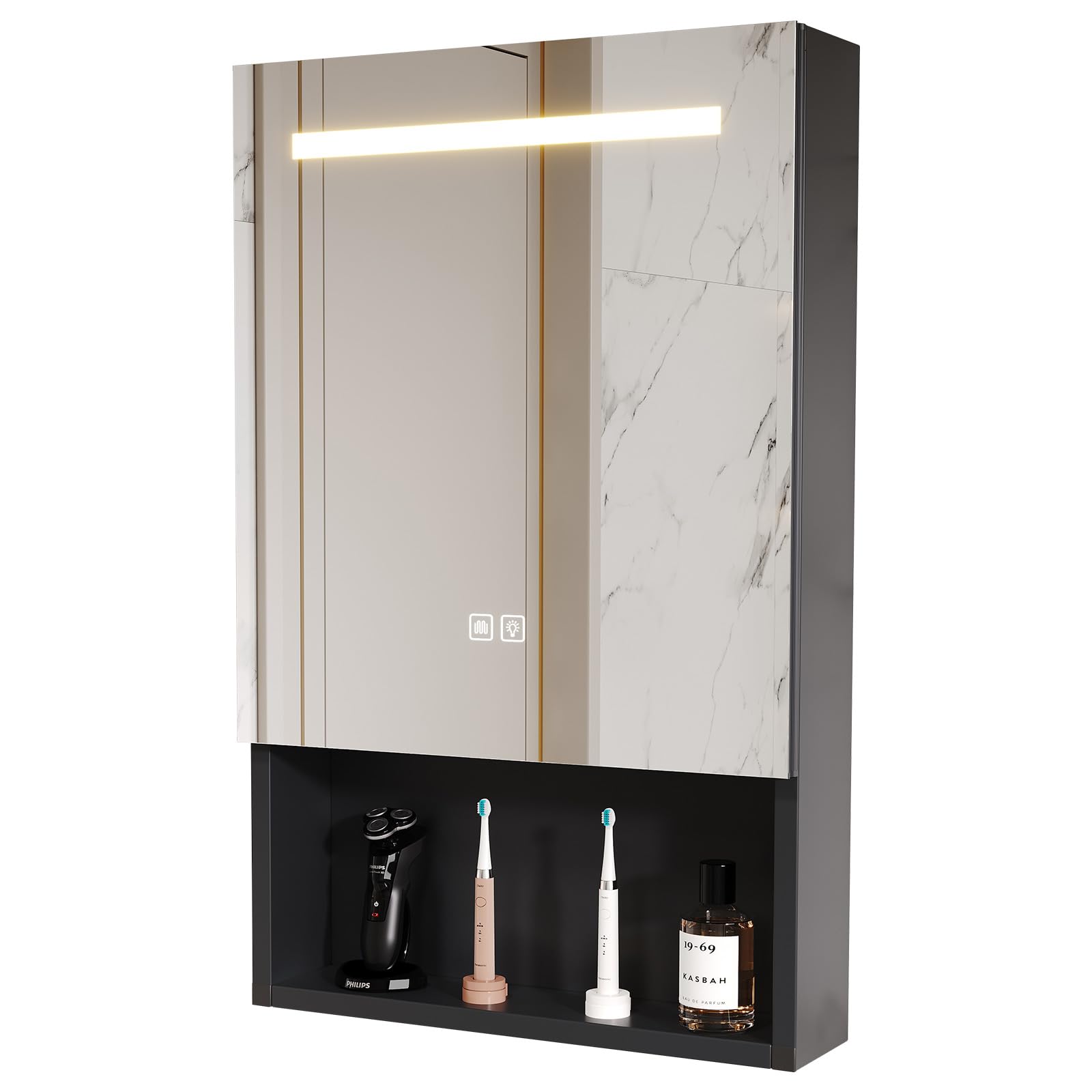 Medicine Cabinet with Lights,LED Medicine Cabinet Black for Bathroom with Defogger,Dimmer, Lighted Mirror Cabinet for Bathroom with Open Shelf, Wall Mount