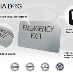 ALPHA DOG ADA SIGNS - Emergency Exit Sign with Braille for Your Business, 4x8 Inch, ADA Compliant, Indoor or Outdoor, Easy Installation, Made in the USA, Brushed Metal