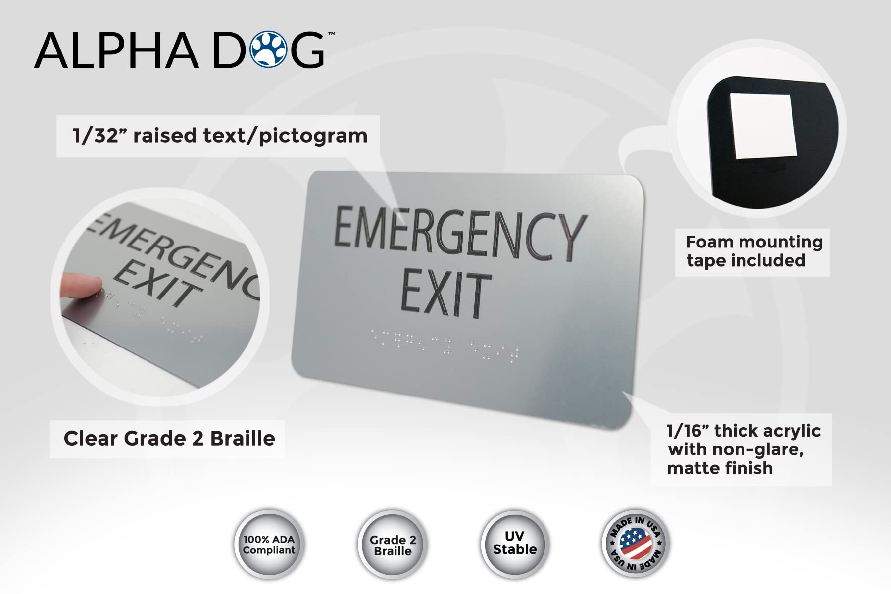 ALPHA DOG ADA SIGNS - Emergency Exit Sign with Braille for Your Business, 4x8 Inch, ADA Compliant, Indoor or Outdoor, Easy Installation, Made in the USA, Brushed Metal