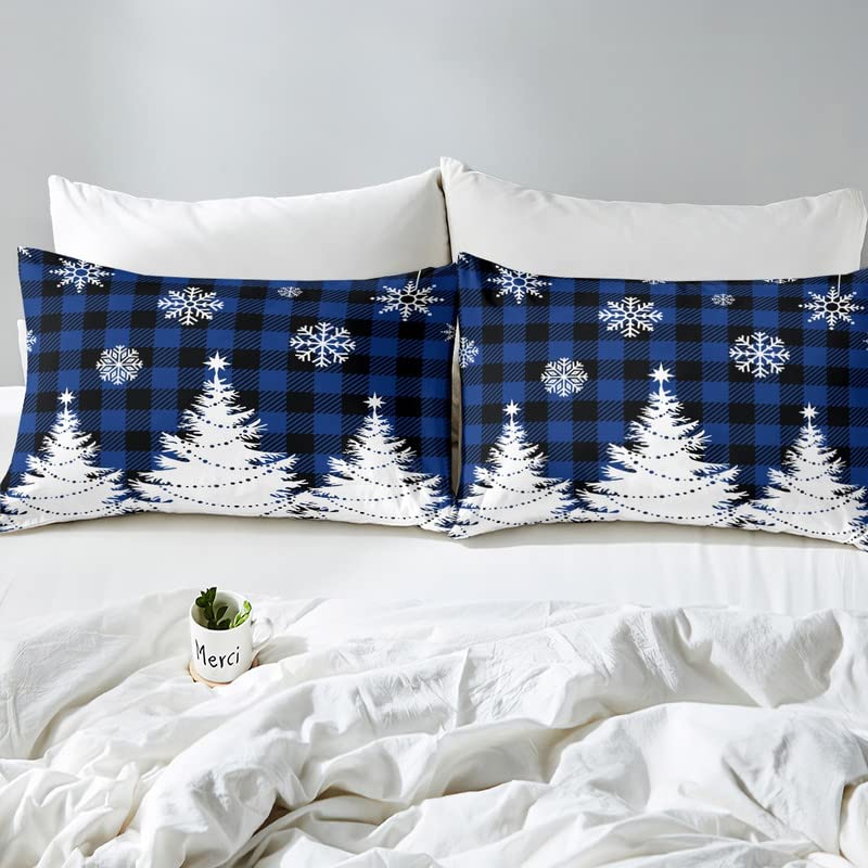 Christmas Kids Bedding Set White Christmas Tree Bedding Duvet Cover Set for Boys Girls Decor Snowflake Comforter Cover Set Blue Black Buffalo Check Bedspread Cover Bedroom Quilt Cover 3Pcs Full Size