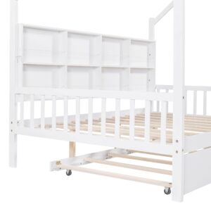 Full House Bed with Trundle, Kids Full Platform Bed Frame with Storage Shelves and Roof, Montessori Bed, Tent Bed, Wood Playhouse Bed Full for Kids Teens Girls & Boys (Full, White)