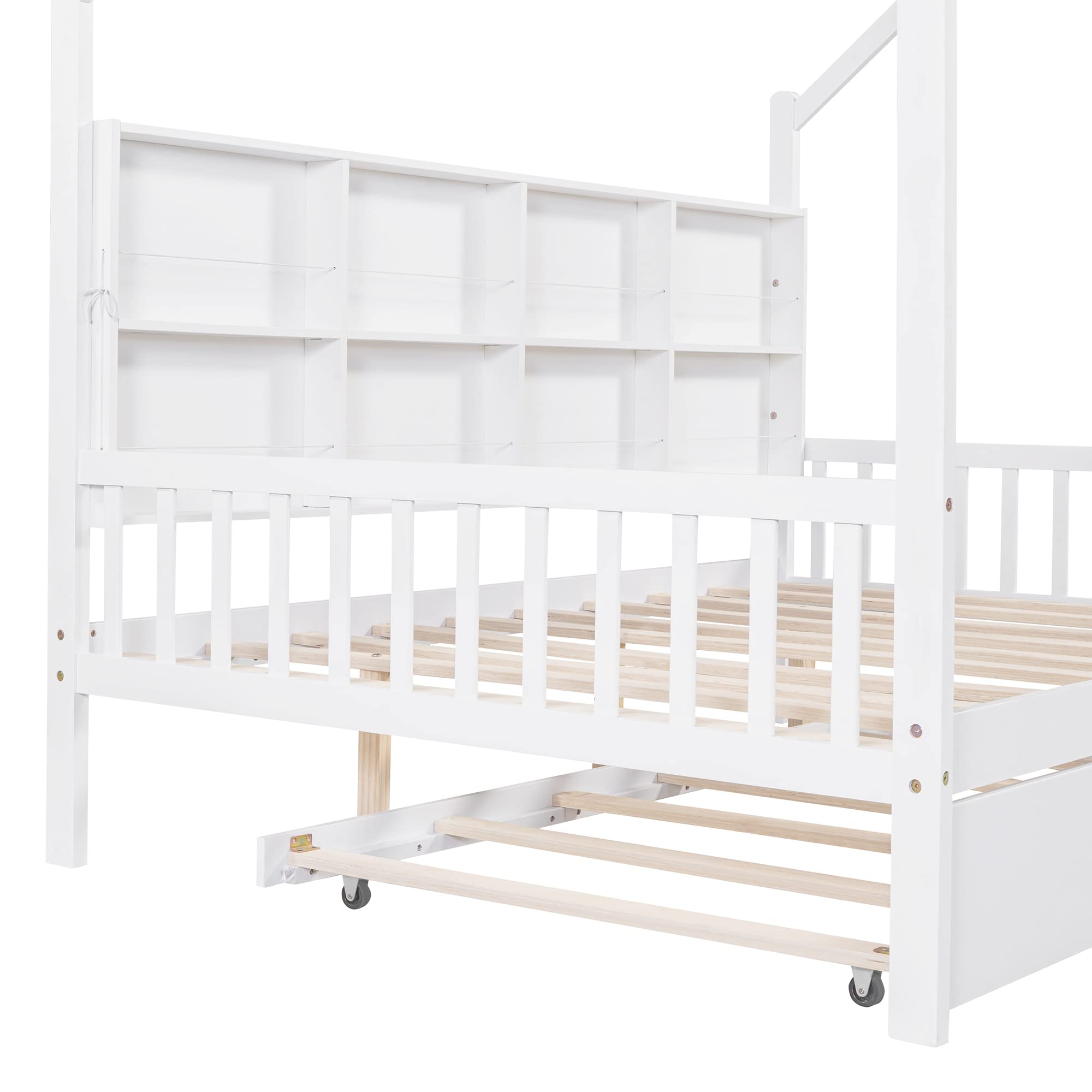 Full House Bed with Trundle, Kids Full Platform Bed Frame with Storage Shelves and Roof, Montessori Bed, Tent Bed, Wood Playhouse Bed Full for Kids Teens Girls & Boys (Full, White)