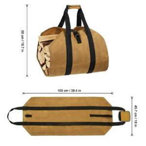 Coverify Canvas Log Carrier Bag Heavy Duty Water Resistant Firewood Log Tote Bag Carrier for Indoor Stoves Firewood Carry Bag Holder with Handles for Outdoor Camping Trip (39.4''x18'', Brown)