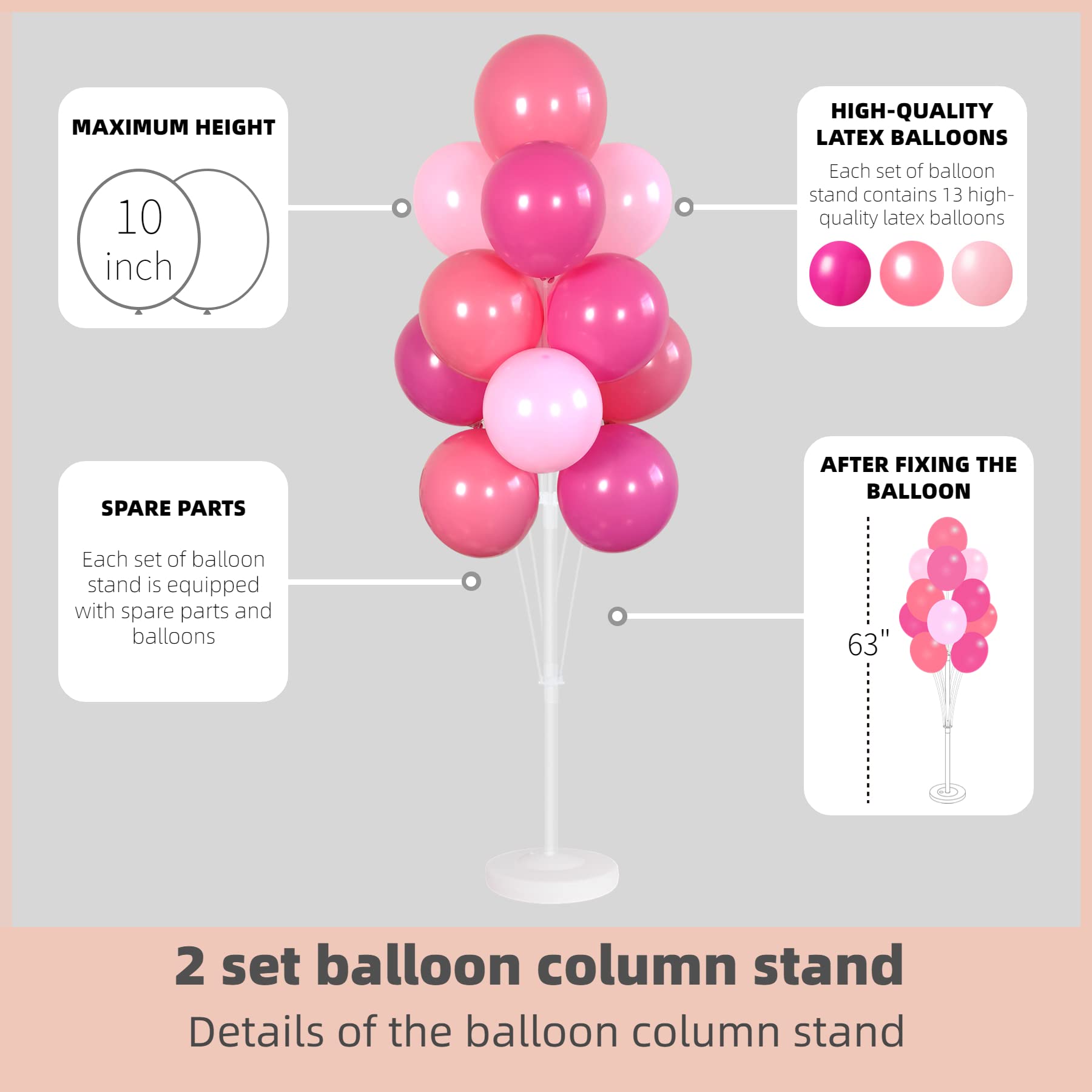 Balloon Column Kit Set of 2 With Balloons Included - Balloon Tower with Stand, Base, and Pole,Backdrop Decoration for Wedding, Baby Shower, Birthday Party, or Bachelorette Parties (Pink)