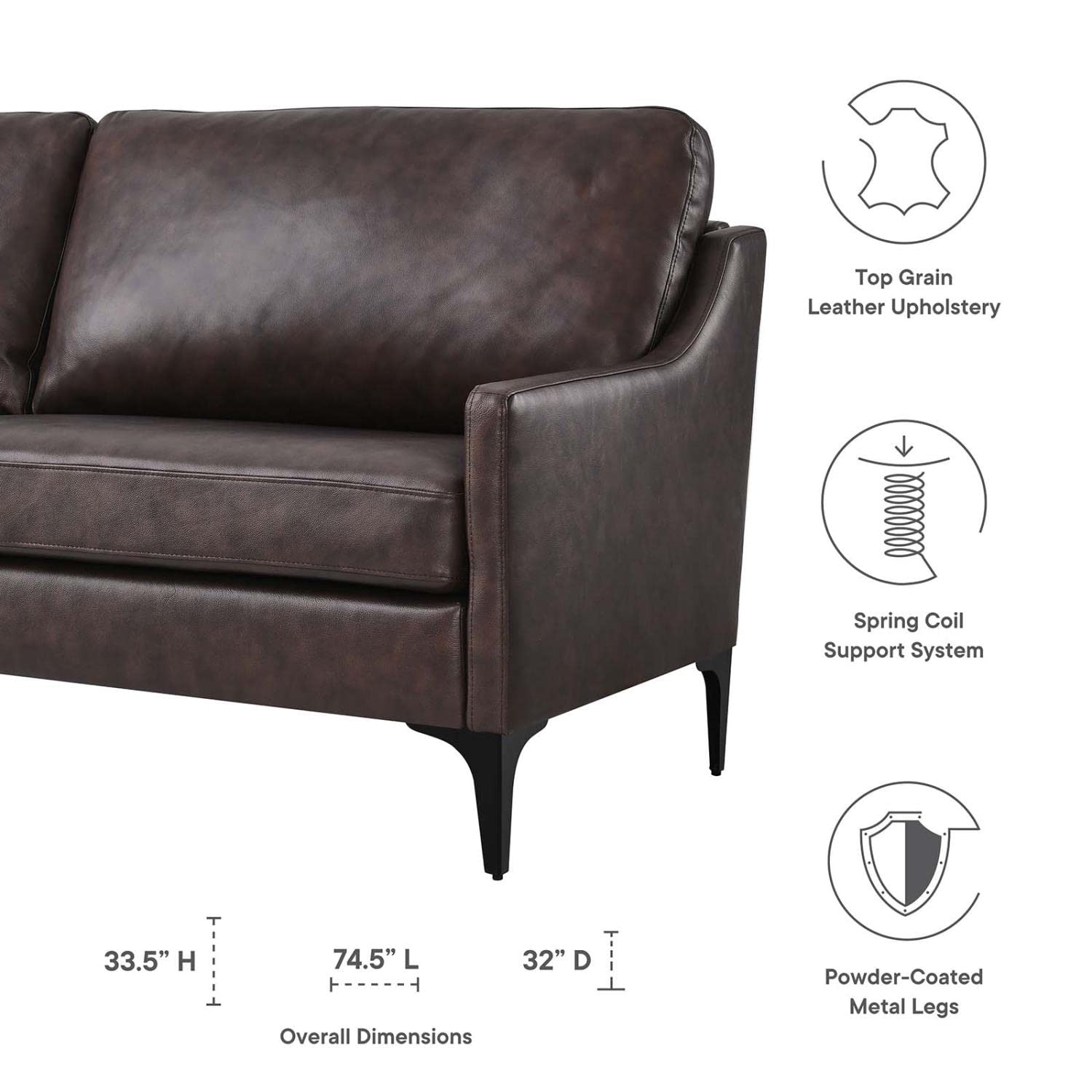 Modway Corland Modern Style Leather and Metal Sofa in Brown Finish