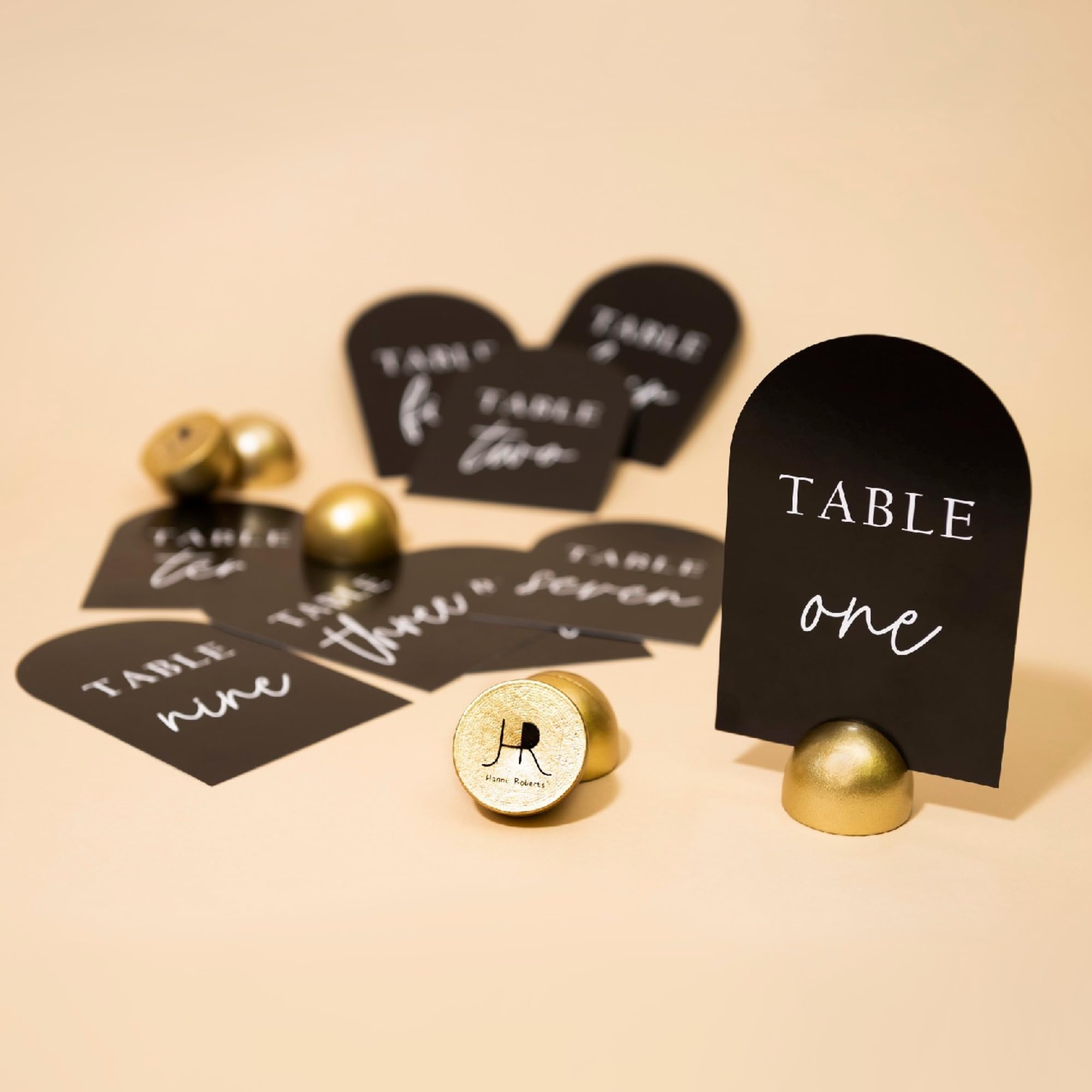 Hanna Roberts Modern Cursive Table Number Black Card Stock Half Circle Signs with Round Stand for Wedding Reception, Restaurant, Event Party, 4" x 6" (Gold, Set of 10, Numbers 1-10)