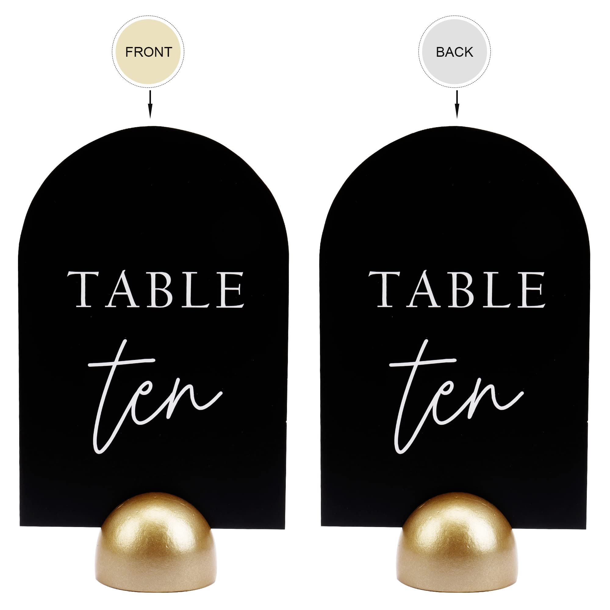 Hanna Roberts Modern Cursive Table Number Black Card Stock Half Circle Signs with Round Stand for Wedding Reception, Restaurant, Event Party, 4" x 6" (Gold, Set of 10, Numbers 1-10)