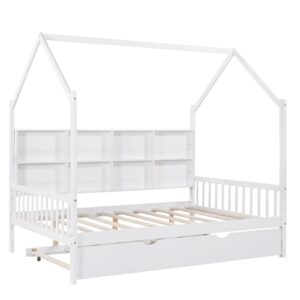 Full House Bed with Trundle, Kids Full Platform Bed Frame with Storage Shelves and Roof, Montessori Bed, Tent Bed, Wood Playhouse Bed Full for Kids Teens Girls & Boys (Full, White)