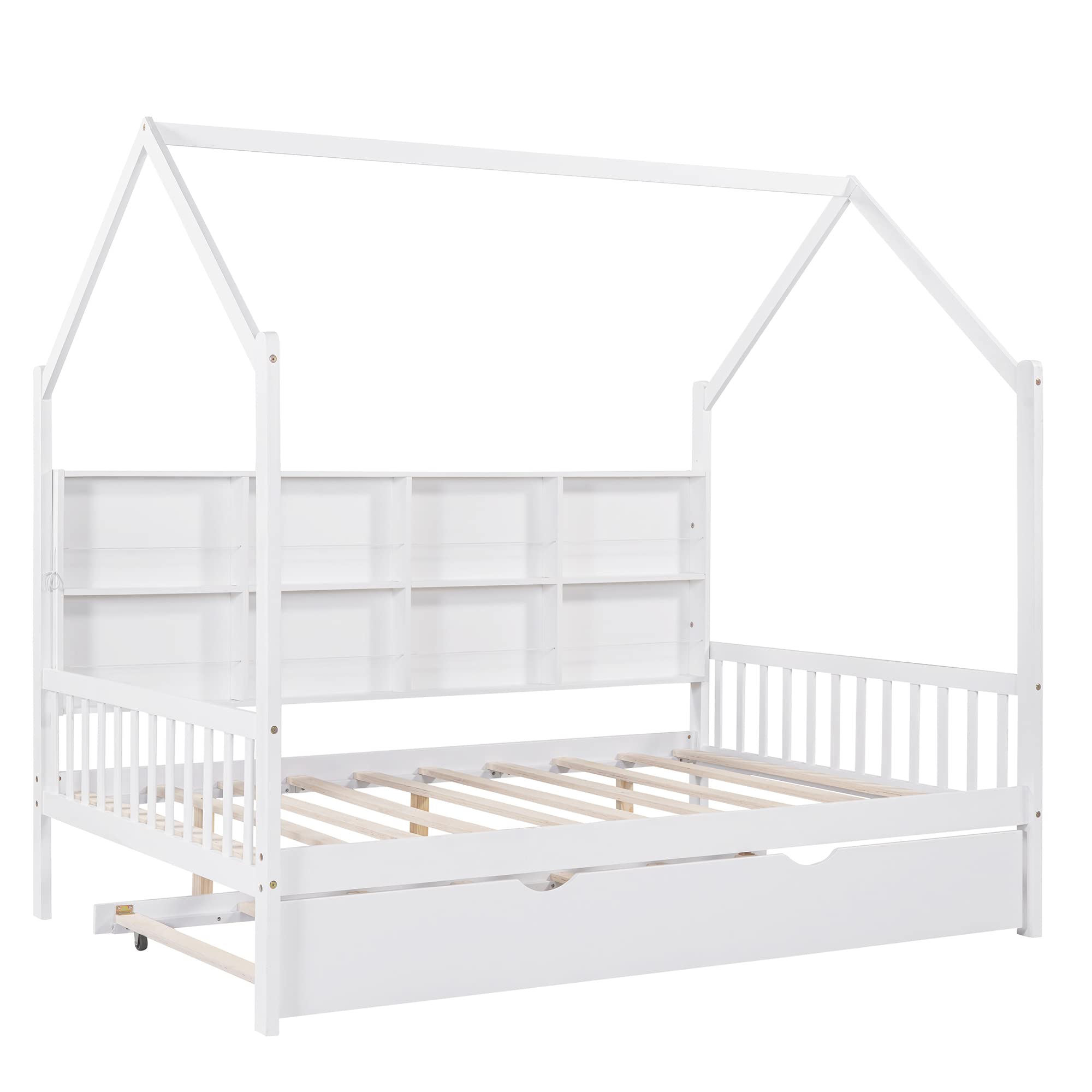 Full House Bed with Trundle, Kids Full Platform Bed Frame with Storage Shelves and Roof, Montessori Bed, Tent Bed, Wood Playhouse Bed Full for Kids Teens Girls & Boys (Full, White)