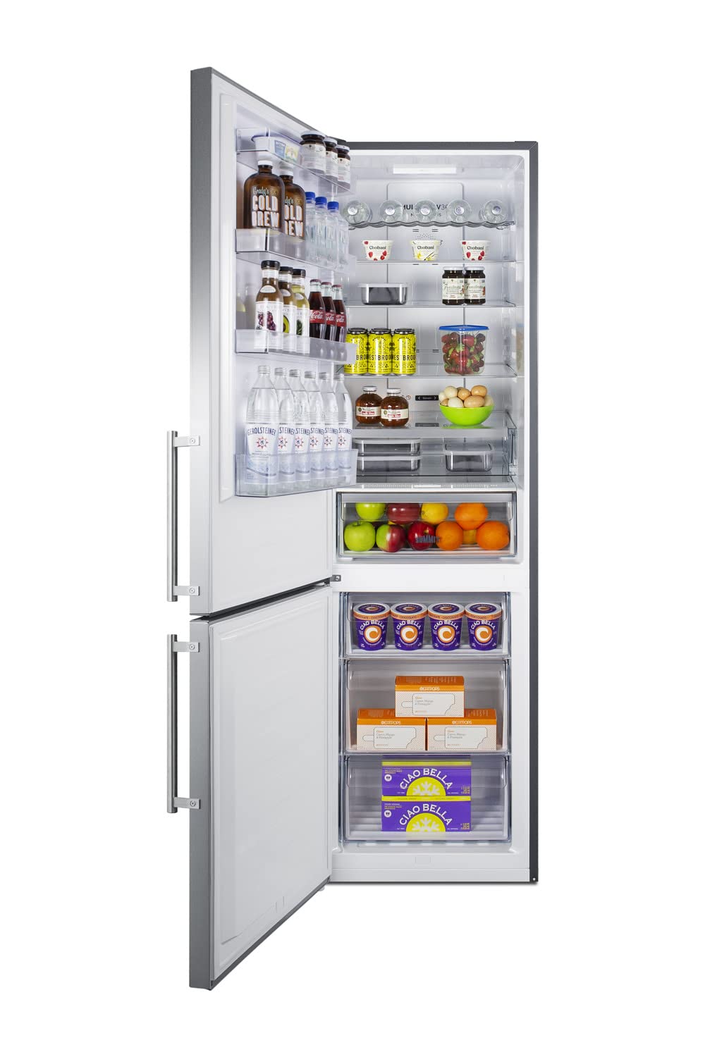 Summit Appliance FFBF181ES2LHD Bottom Freezer Refrigerator, 24" Wide, High Temperature Alarm, 11.7 cu.ft Capacity, Stainless Steel Door, Left Hand Door Swing, Multi-Flow Fan, Digital Thermostats