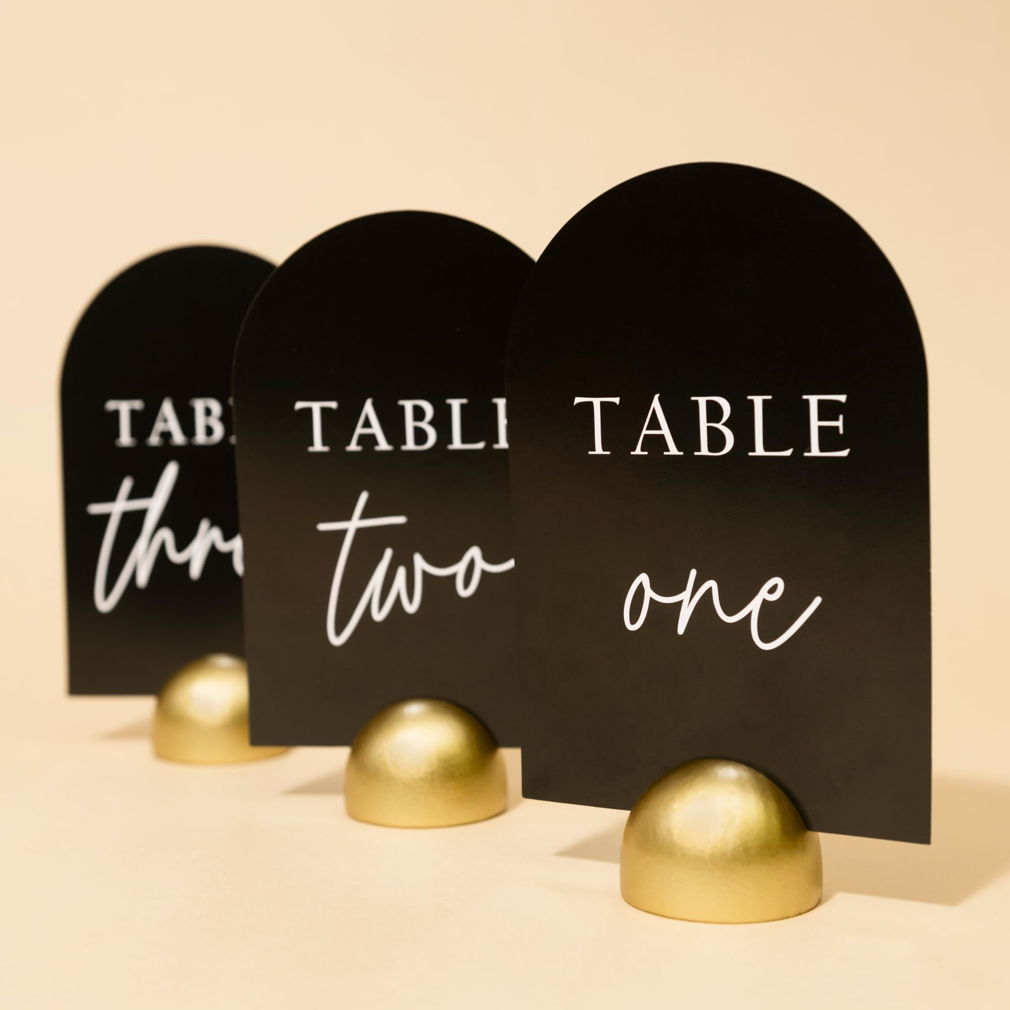 Hanna Roberts Modern Cursive Table Number Black Card Stock Half Circle Signs with Round Stand for Wedding Reception, Restaurant, Event Party, 4" x 6" (Gold, Set of 10, Numbers 1-10)