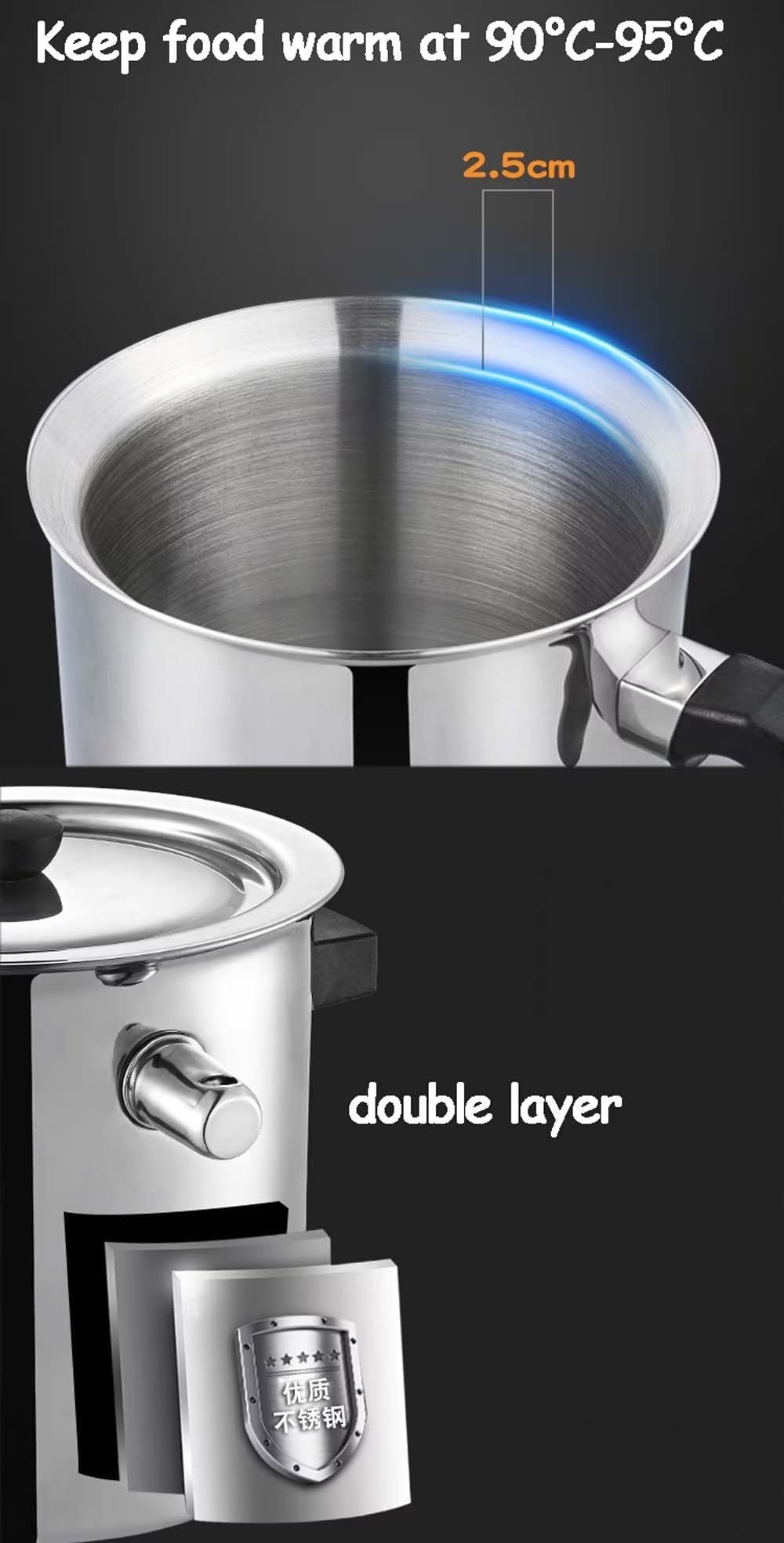 LSQXSS 304 Stainless Steel Double Layer Milk Pot,2.5L Constant Temperature Soup Pot for Induction Cooker and Gas Tove,Automatic Whistle hot Milk Pot,Durable Soup Pot with Anti-scalding Handle