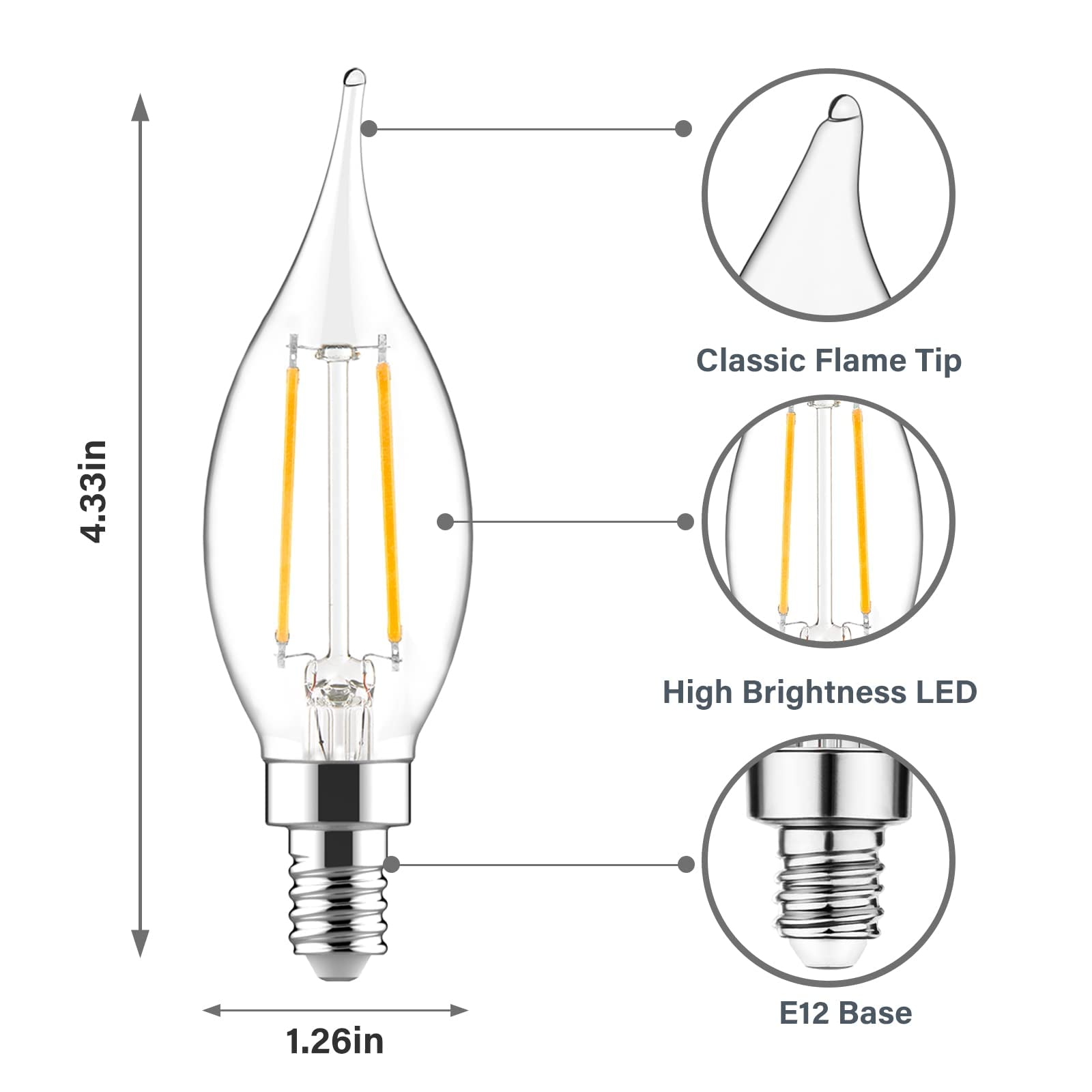 Sengled E12 Led Bulb Dimmable, Candelabra Led Light Bulbs 60 Watt Equivalent, CA10 Flame Tip Chandelier Light Bulbs, 5000K Daylight Candle Light Bulbs for Chandeliers, Ceiling Fan, Pendant, 12 Pack