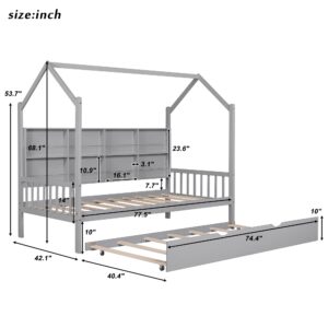 Twin House Bed with Trundle, Kids Twin Platform Bed Frame with Storage Shelves and Roof, Montessori Bed, Tent Bed, Wood Playhouse Bed Twin for Kids Teens Girls & Boys (Twin, Gray)