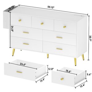 SOSPIRO 7 Drawer Dresser for Bedroom, Modern White Gold Dresser with Wide Drawers and Power Outlets, Long Chest of Drawers for Living Room Hallway Entryway, White