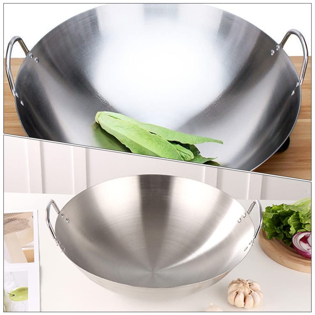 STOBOK Pots Wok Pan 28cm Double Handle Wok Stainless Steel Wok Fry Pan Large Capacity Saute Pan Round Bottom Wok Multipurpose Stewpot Skillet Works for Gas Cooktops Electric Frying Pan