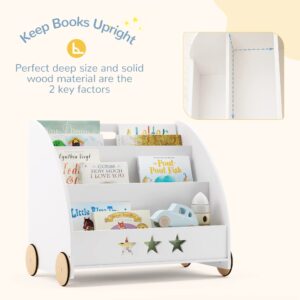 Curipeer Kids Bookshelf and Storage, Nursery Wooden Book Shelf for Kids with Wheels, 3-Tier Baby Bookshelf Display Organizer Gift, Children Bookcase in Playroom, Nursery, Bedroom, White