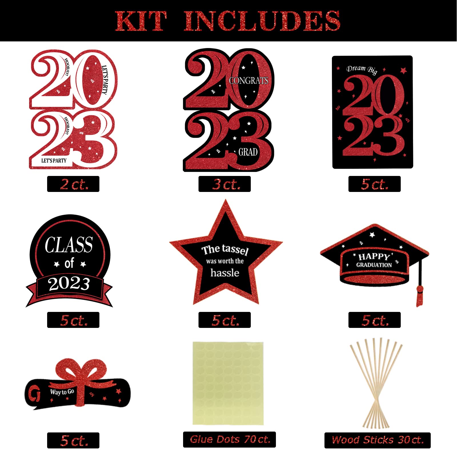 Graduation Party Decorations 2023-30 Pack Red and Black Grad Centerpiece Sticks - 2023 Class Supplies Table Topper Decor for Kindergarten Preschool High School College