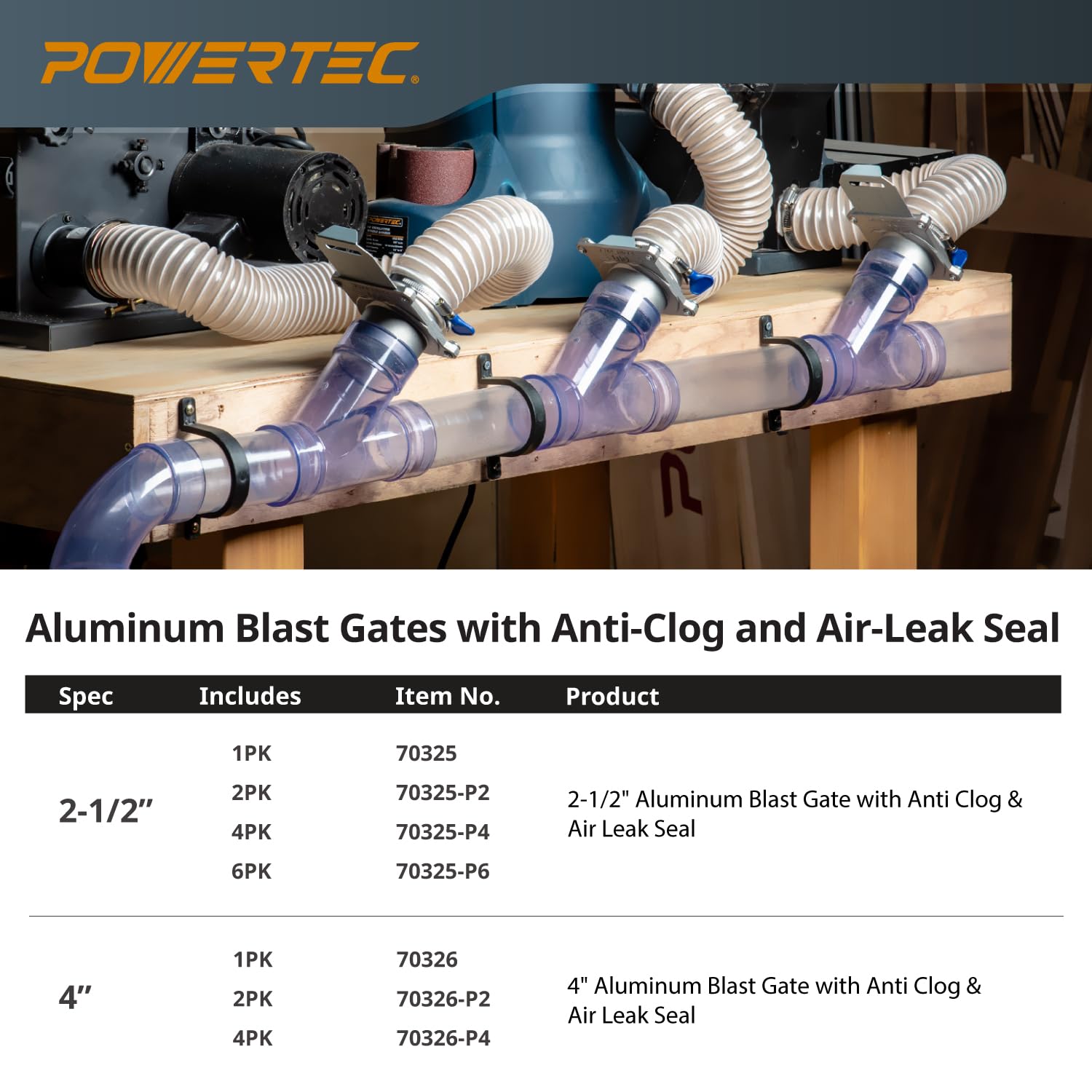 POWERTEC 70326 Blast Gate 4 Inch, w/Anti Clog and Air Leak Seal for Dust Collection