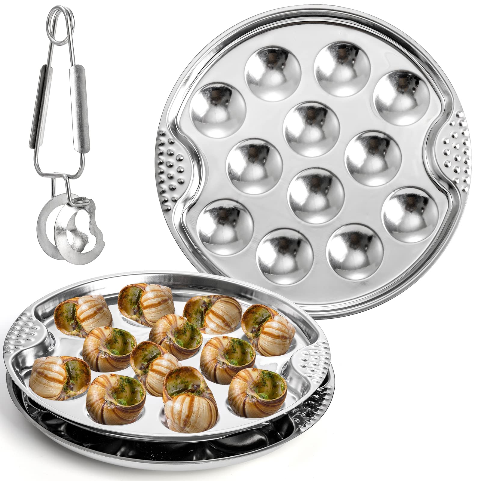 Okllen 3 Pack Stainless Steel Escargot Plates with 12 Compartment Holes, 7.5 Inch Seafood Snail Dish with Escargot Tong, Escargot Baking Dish Server for Home, Kitchen, Restaurant, Hotel, BBQ