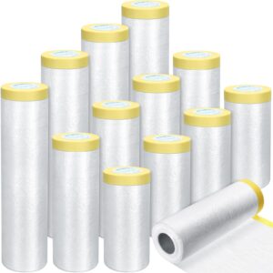 12 rolls assorted plastic sheeting pre taped masking film clear masking paper for automotive painting covering painting supplies, 3 multi sizes x 66 feet/roll