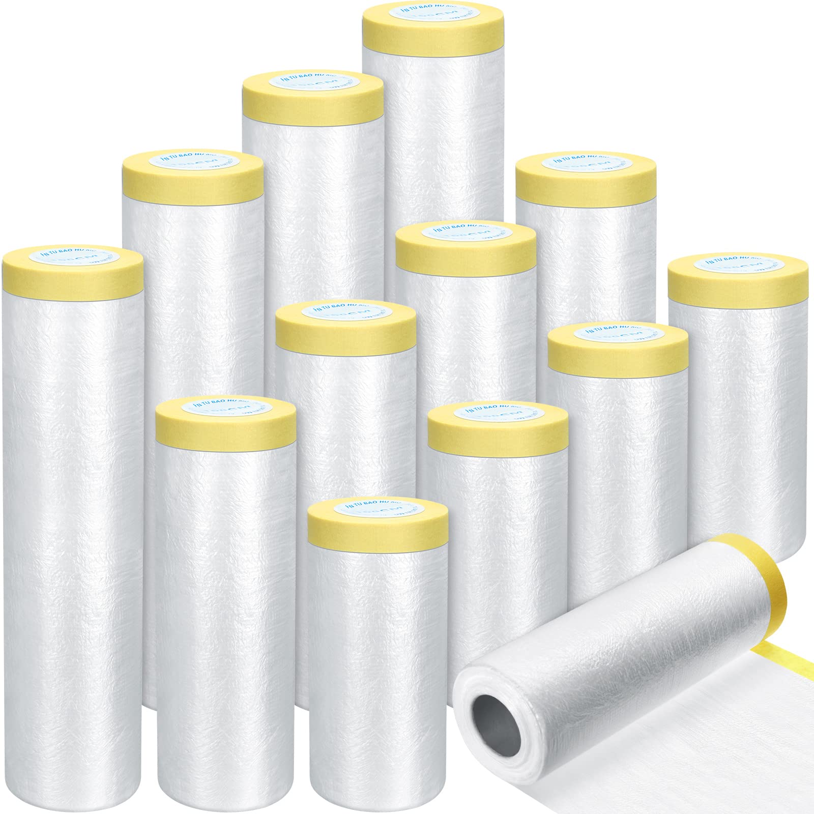 12 Rolls Assorted Plastic Sheeting Pre Taped Masking Film Clear Masking Paper for Automotive Painting Covering Painting Supplies, 3 Multi Sizes x 66 Feet/roll