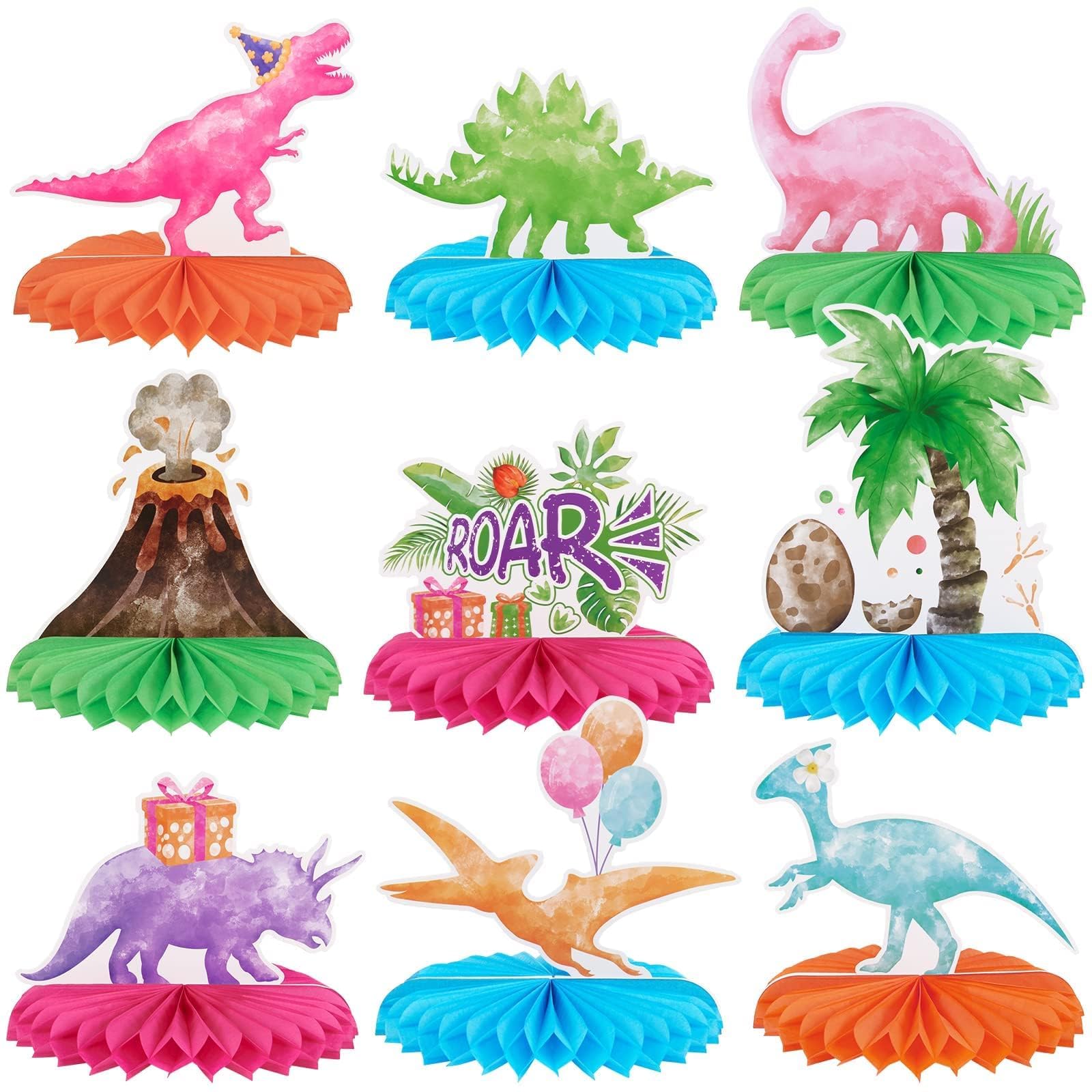 WERNNSAI 9 PCS Watercolor Dinosaur Party Honeycomb Centerpiece - Dinosaur Birthday Party Table Decorations Girls Kids Dino Birthday Baby Shower Table Toppers Supplies 3D Volcano Centerpieces