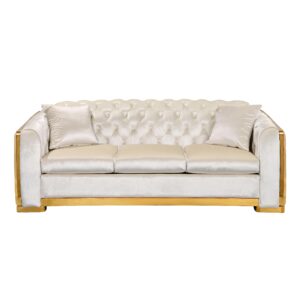 kevinplus 81'' Velvet Chesterfield Sofa Couch for Living Room, Modern Tufted Upholstered 3-Seat Sofa Couch with Stainless Steel Gold Plating Decoration for Apartment Office, Beige & Gold