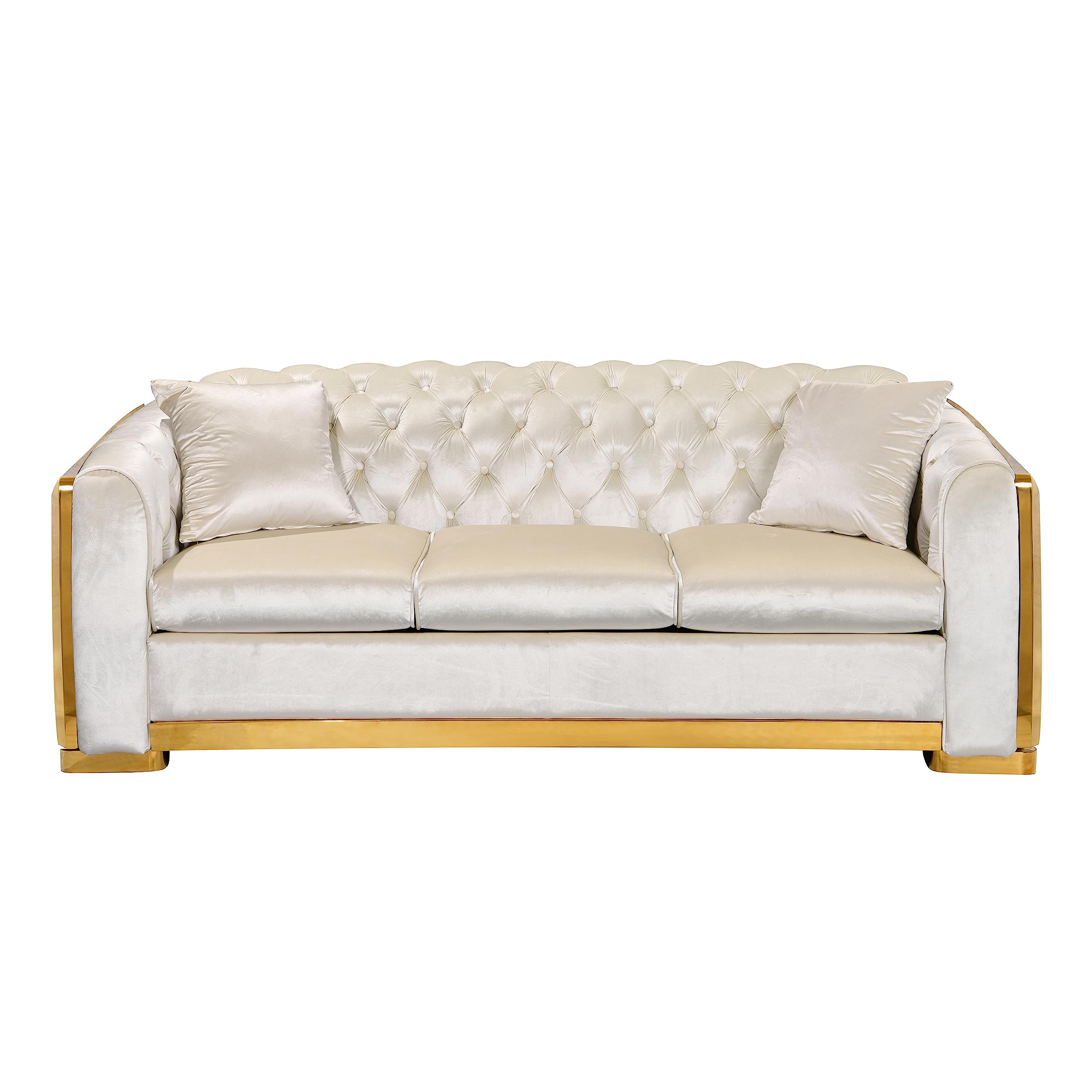 kevinplus 81'' Velvet Chesterfield Sofa Couch for Living Room, Modern Tufted Upholstered 3-Seat Sofa Couch with Stainless Steel Gold Plating Decoration for Apartment Office, Beige & Gold