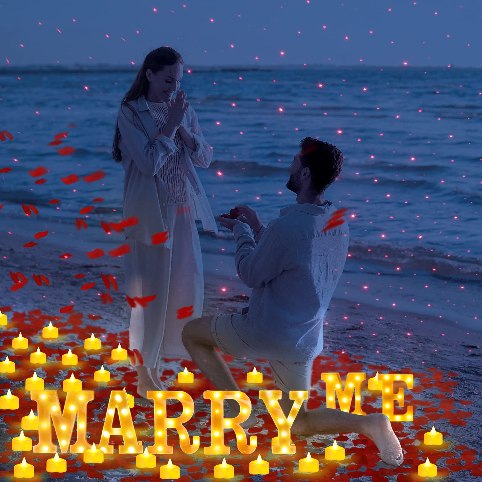 Fumete Marry Me Letter Lights, Night Light Decoration with 4000 Pcs Rose Petals, 72 Pcs Romantic Candles, USB Powered for Valentine Engagement Wedding(Red)