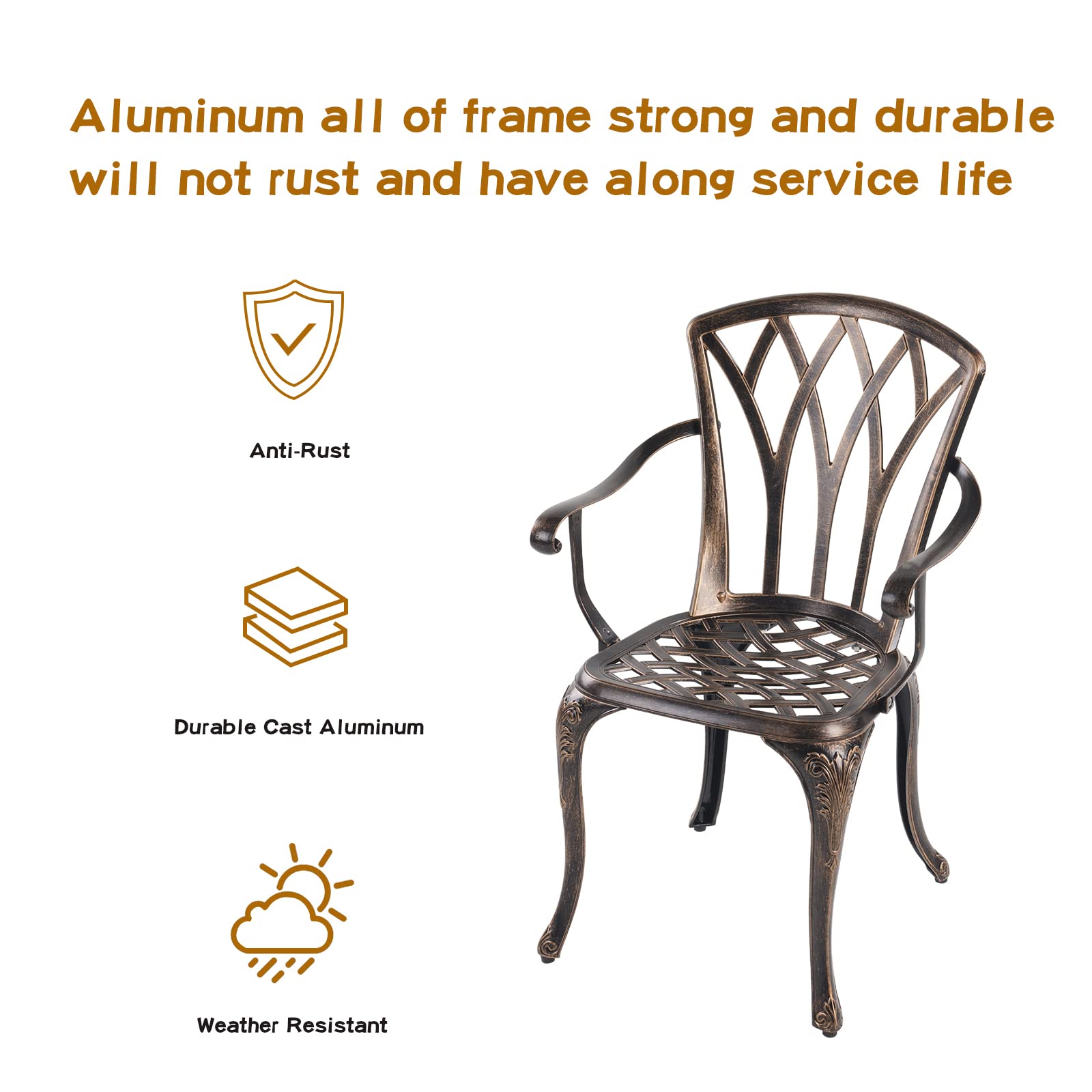 Jardin DE CENTENNAIL 3-Piece Outdoor Bistro Set Cast Aluminum Rust-Resistant Patio Furniture Armchairs Design (Copper)