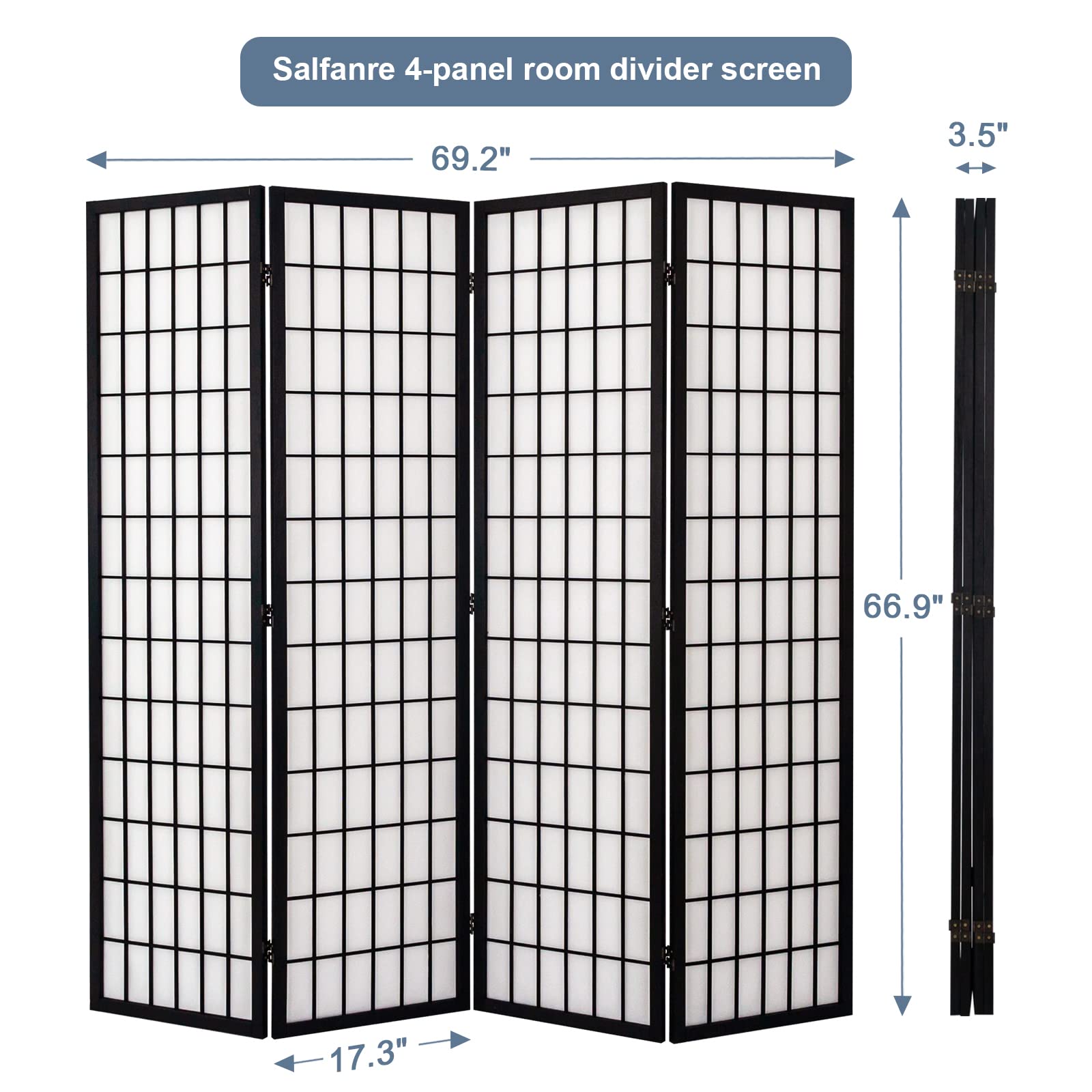 Salfanre Japanese Room Divider, 6 Panel Room Divider, Shoji Screen Room Divider, Folding Screen, Japanese Style, 5.6 Ft, Black