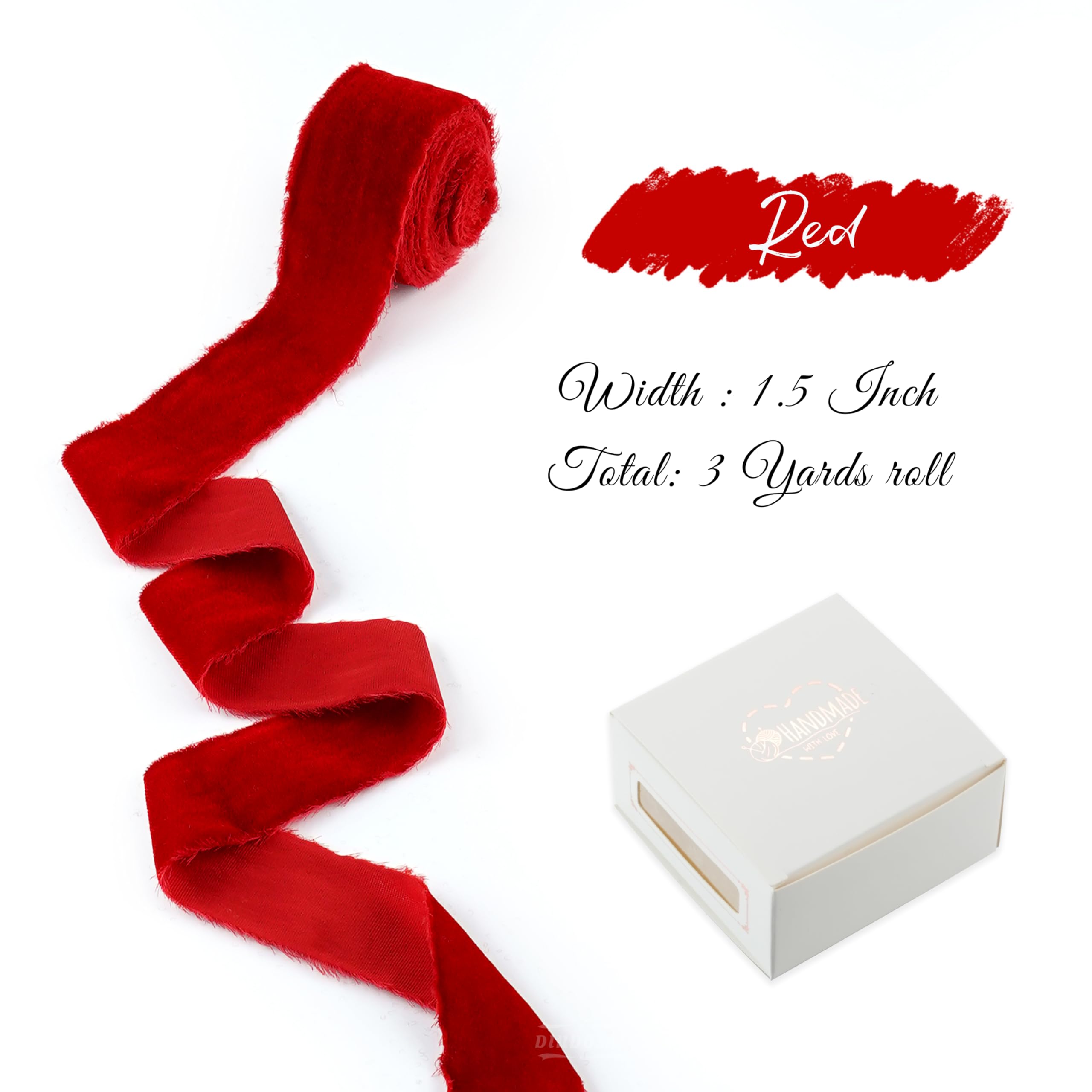 DINDOSAL Red Velvet Ribbon for Christmas Decorations Frayed Silk Velvet Ribbon 1.5 Inch Raw Edge Red Christmas Ribbon Rustic Ribbon for Gift Wrapping Boho Ribbon Wedding Vow Books -3yards