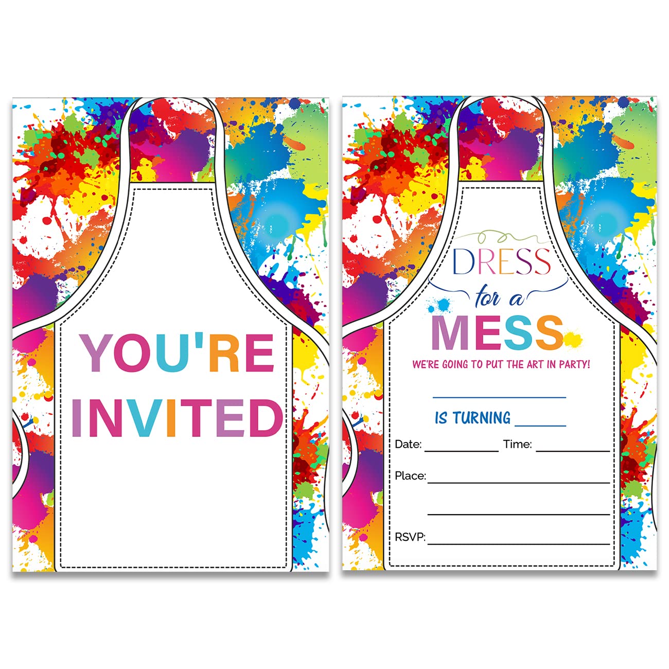 Soiceu Colorful Painting Birthday Party Invitations with Envelopes Set of 20 Dress for a Mess Art Painting Birthday Party Invites Fill in Blank